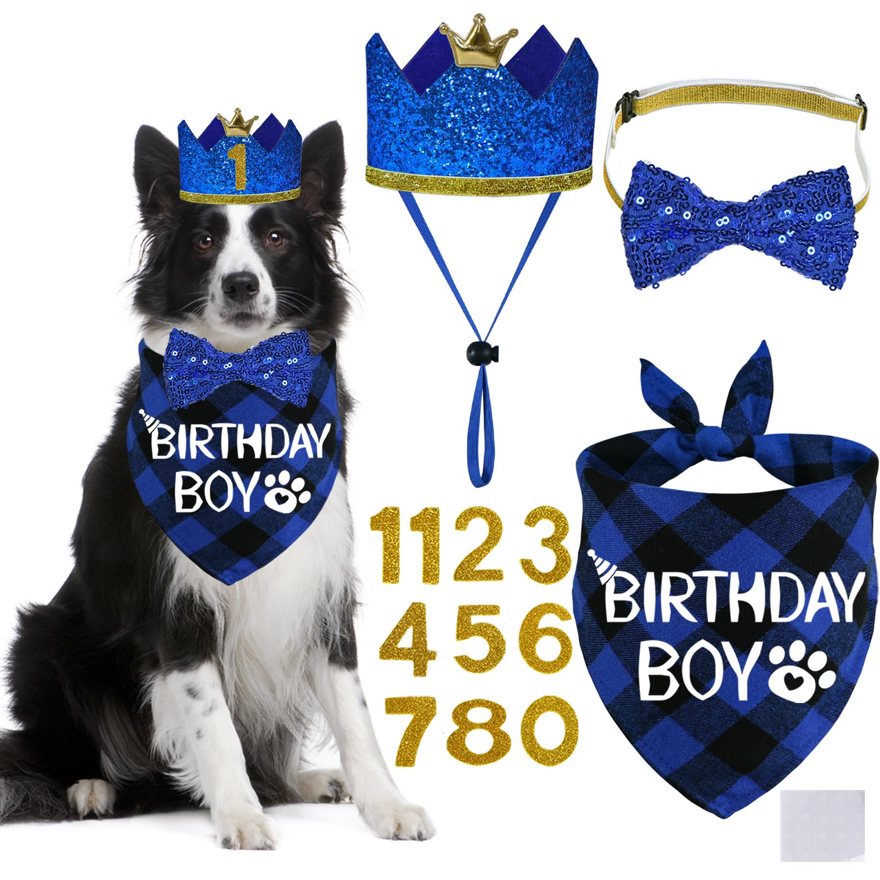 STMK Dog Birthday Party Supplies, Multi Size Dog Birthday Hat with Numbers Bandana Bow Tie for Large Extra Large Dogs Pets (Blue, X-Large)