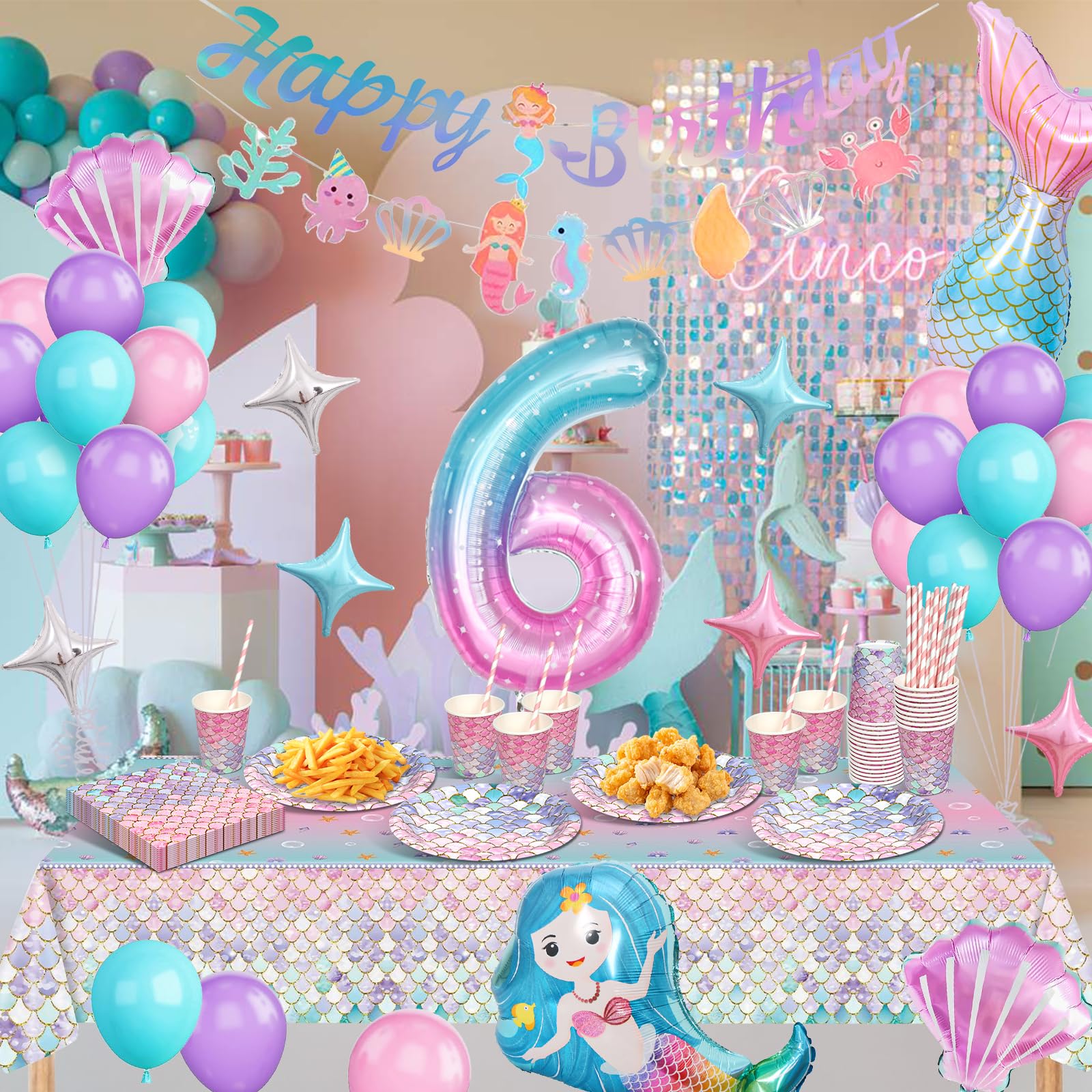 Sirenetta Compleanno Stoviglie per Feste, Sirenetta Palloncini Decorazioni Compleanno 6 Anni, Sirenetta Party Decoration con Palloncino per 6 Anni Ragazze Decorazione 16 Ospiti