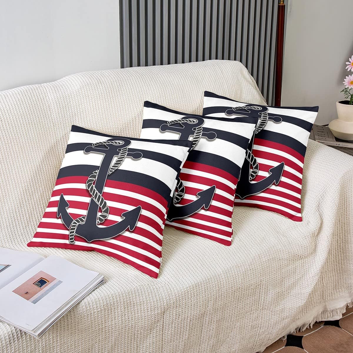 Set of 2 Cushion Covers Anchor Decor Cushion Cover Home Decor Cushion Cover Nautical Ocean Theme Reversible Cushion Covers 45 x 45 cm for Coastal Sea Adventure Duvet Navigation Blue Red Stripes Cover