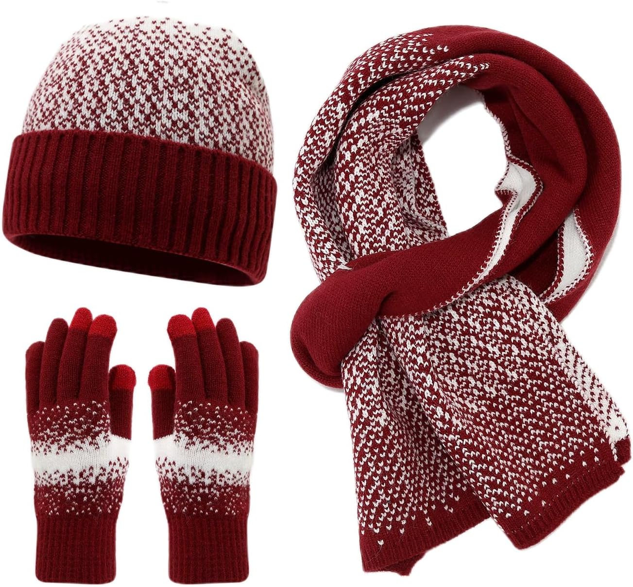Knit Set: Beanie Scarf Gloves - Color Block Winter Warm Accessories Trio