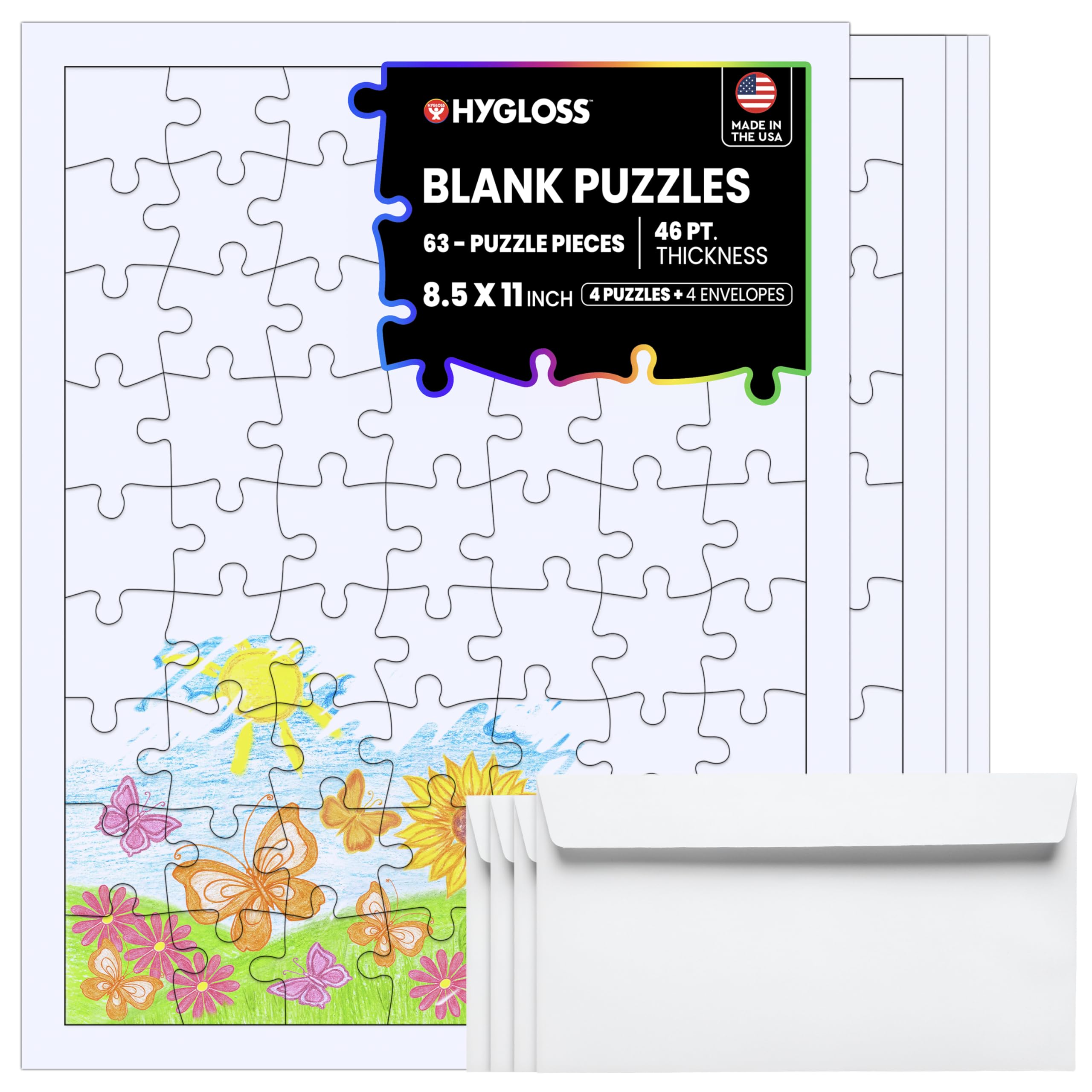 Hygloss Products 4 Blank Jigsaw Puzzles with Envelopes – 8.5 x 11 Inch, 63 Pieces Each – DYI Party invites, Perfect for Decorating, Kids' Activities, Arts & Crafts or Party Favors