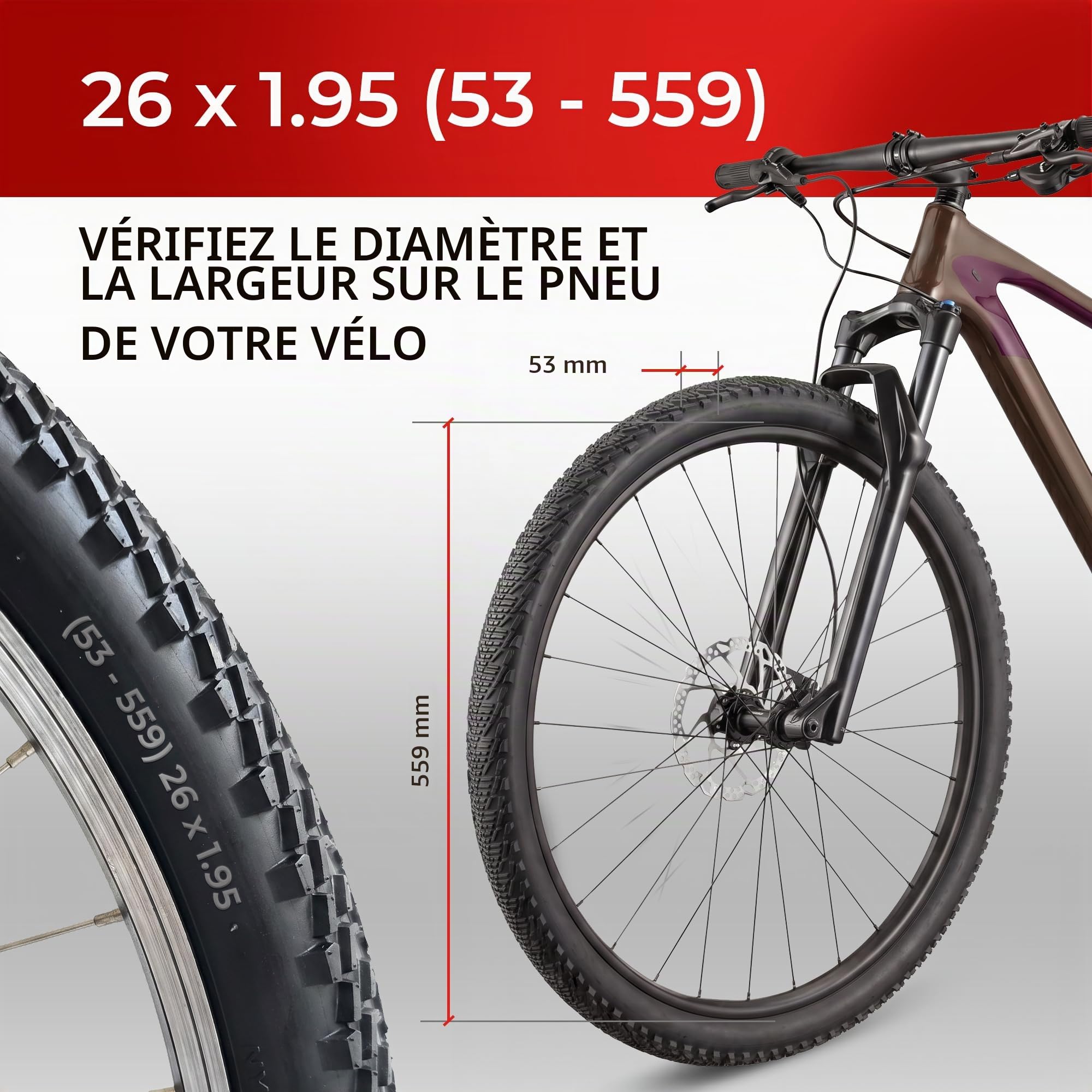 Fincci Pneu VTT 26x1.95 53-559 Pliable avec Protection Anti-Crevaison 3mm | Pneus VTT 26 Pouces avec 27 TPI et Pression 50 PSI pour une Protection Anti-Crevaison 3mm - Lot de 2