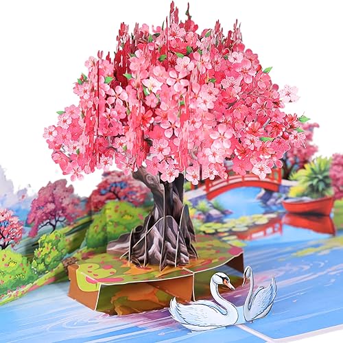 Tarjetas desplegables para el día de cumpleaños, árbol de cerezo 3D, tarjetas de aniversario de pareja de cisnes de 6 x 8 pulgadas, regalo para