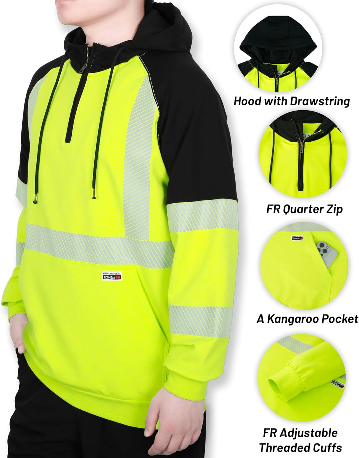 TICOMELA FR Reflective Hoodie for Men,Flame Resistant 7.5oz Lightweight Cotton Sweatshirt–High Visibility Non-Fleece Workwear - Image 3