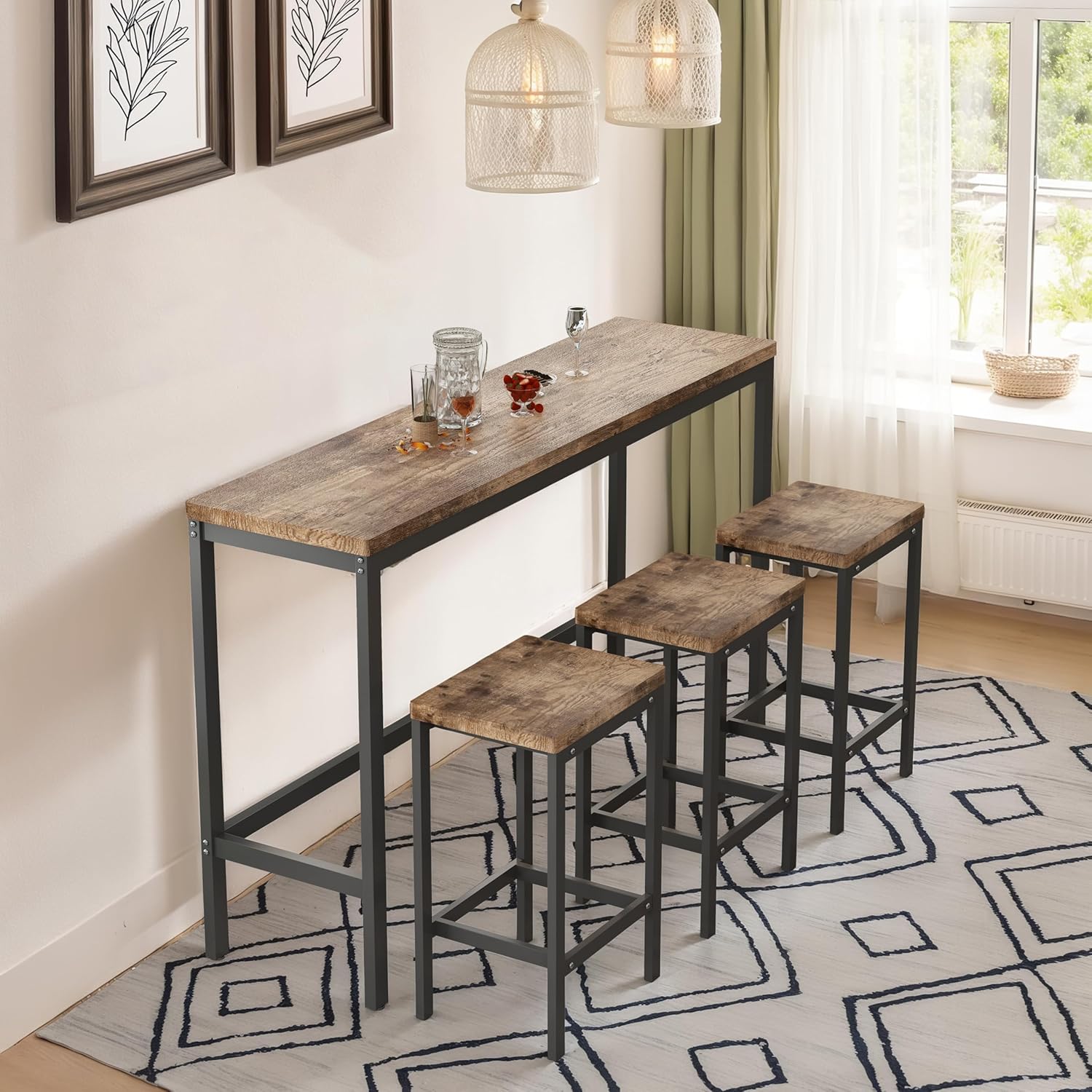 4 Piece Bar Table Set, Long Pub Dining Table Set with 3 Stools, Modern Bar Height Kitchen Table and Chairs for Breakfast Nook, Living Room, Apartment, Natural