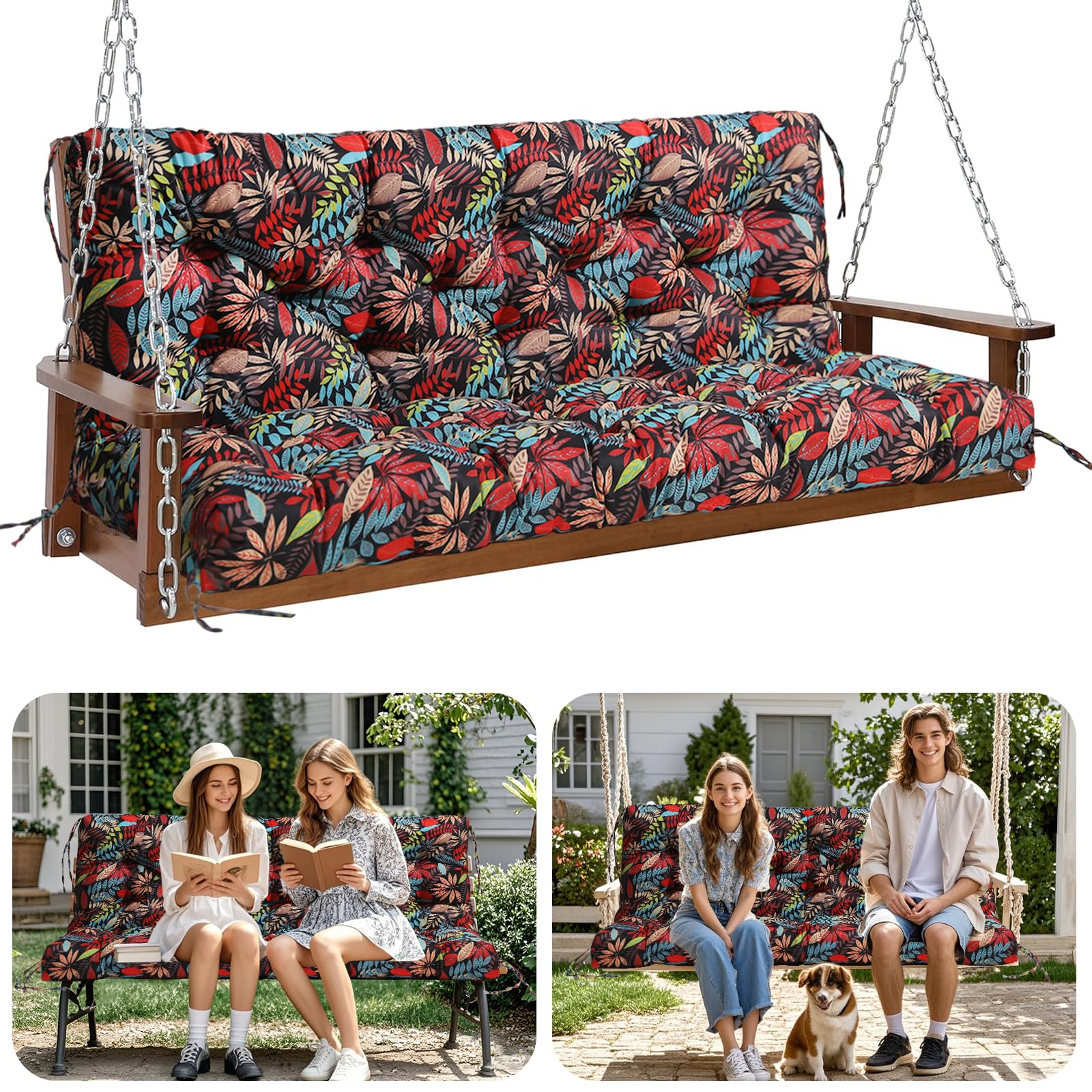 Photo 1 of HZMGPCM Premium 5" Thick Waterproof Outdoor Swing Cushions Sturdy Durable 2-3 Seat Replacement Porch Swing Cushions with Backrest&Ties Bench Cushion for Outdoor Furniture Backyard Patio (Flower01)