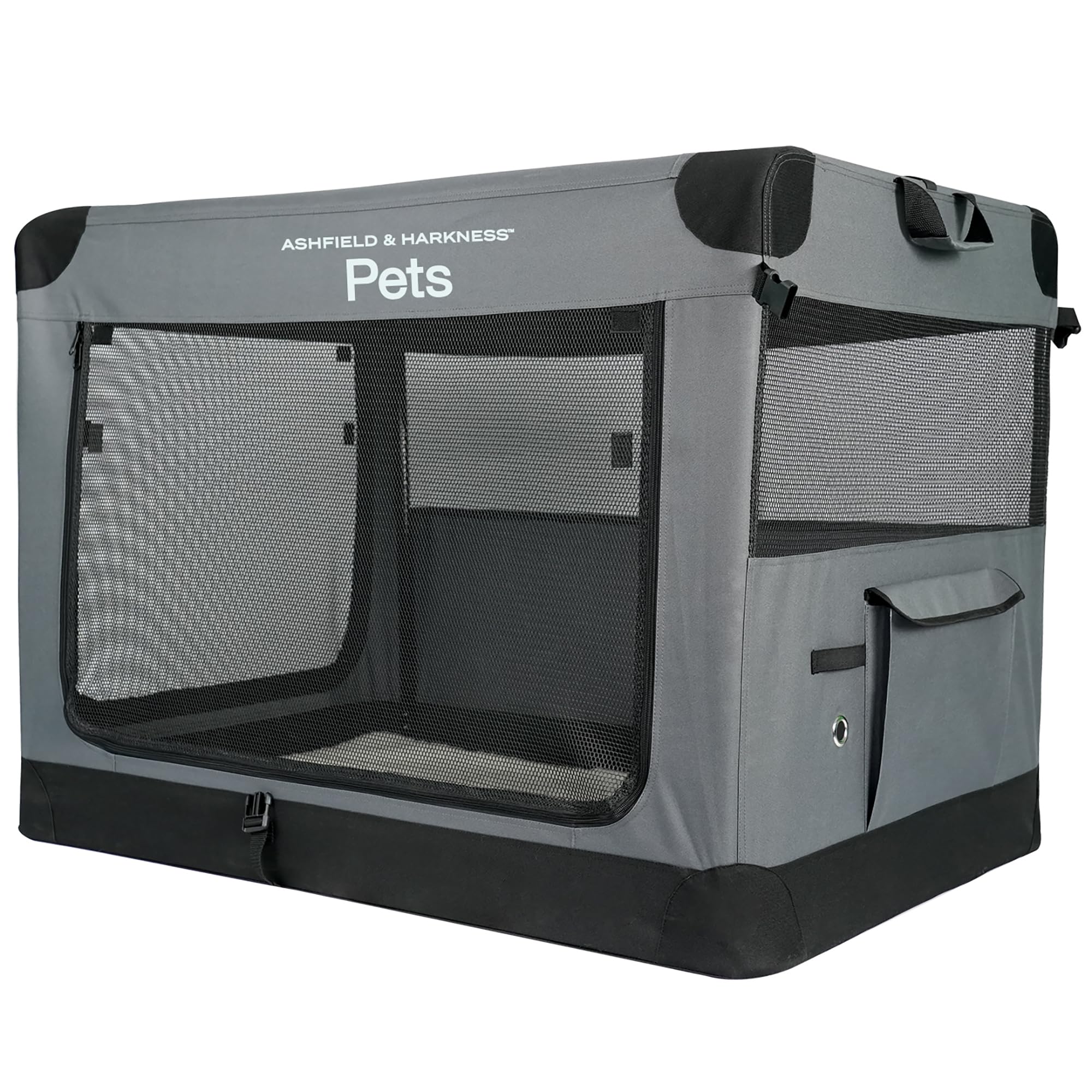 Ashfield & Harkness: Collapsible Soft Dog Crate - 42" - Gray, Sherpa Lined Mat, Durable Mesh Windows, Portable Foldable Pet Kennel, Indoor & Outdoor