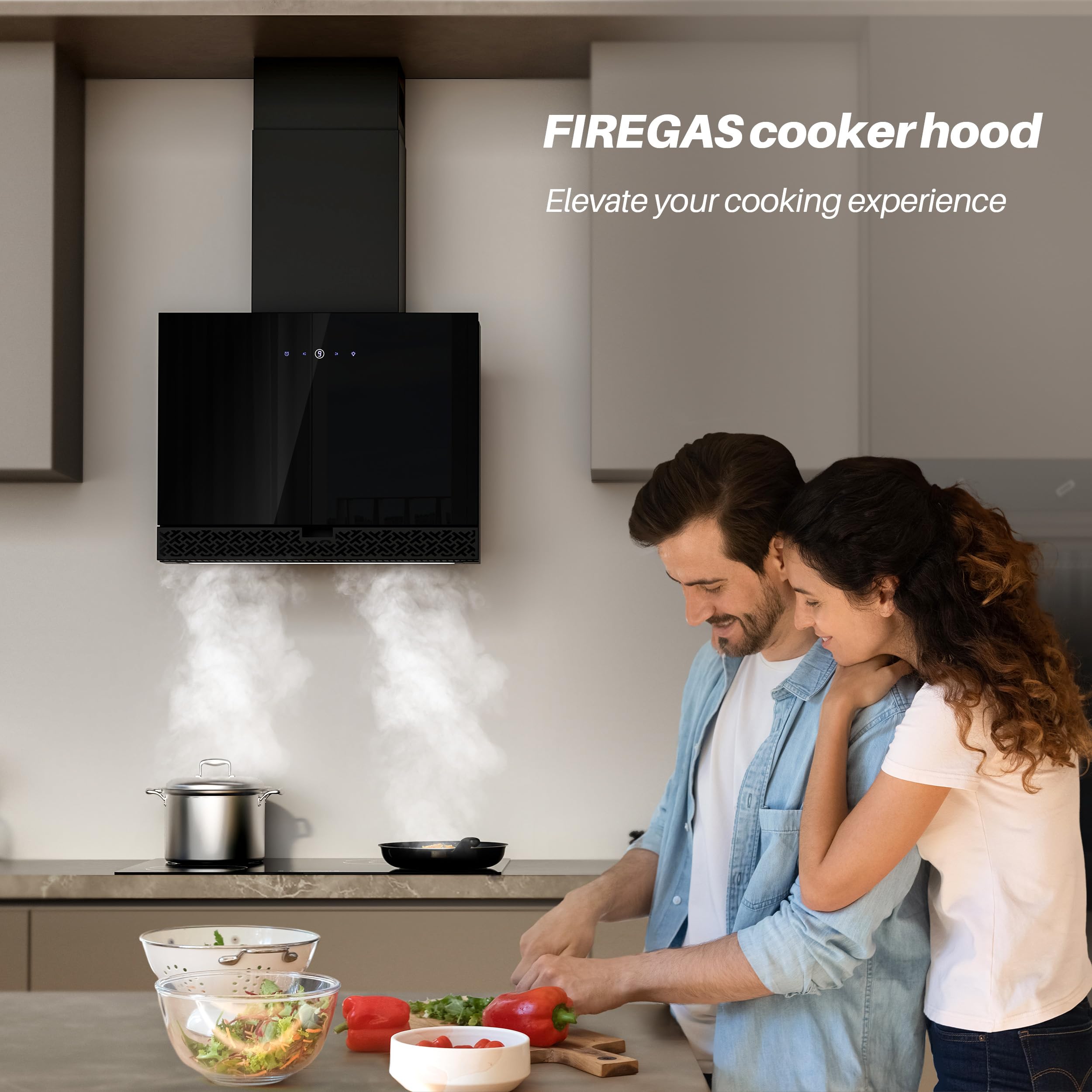 FIREGAS Okap kuchenny 60 cm obiegu, ilość powietrza 510 m³/h, cichy silnik bezszczotkowy, ekran dotykowy, LED, z filtrem węglowym CC170, montaż ścienny