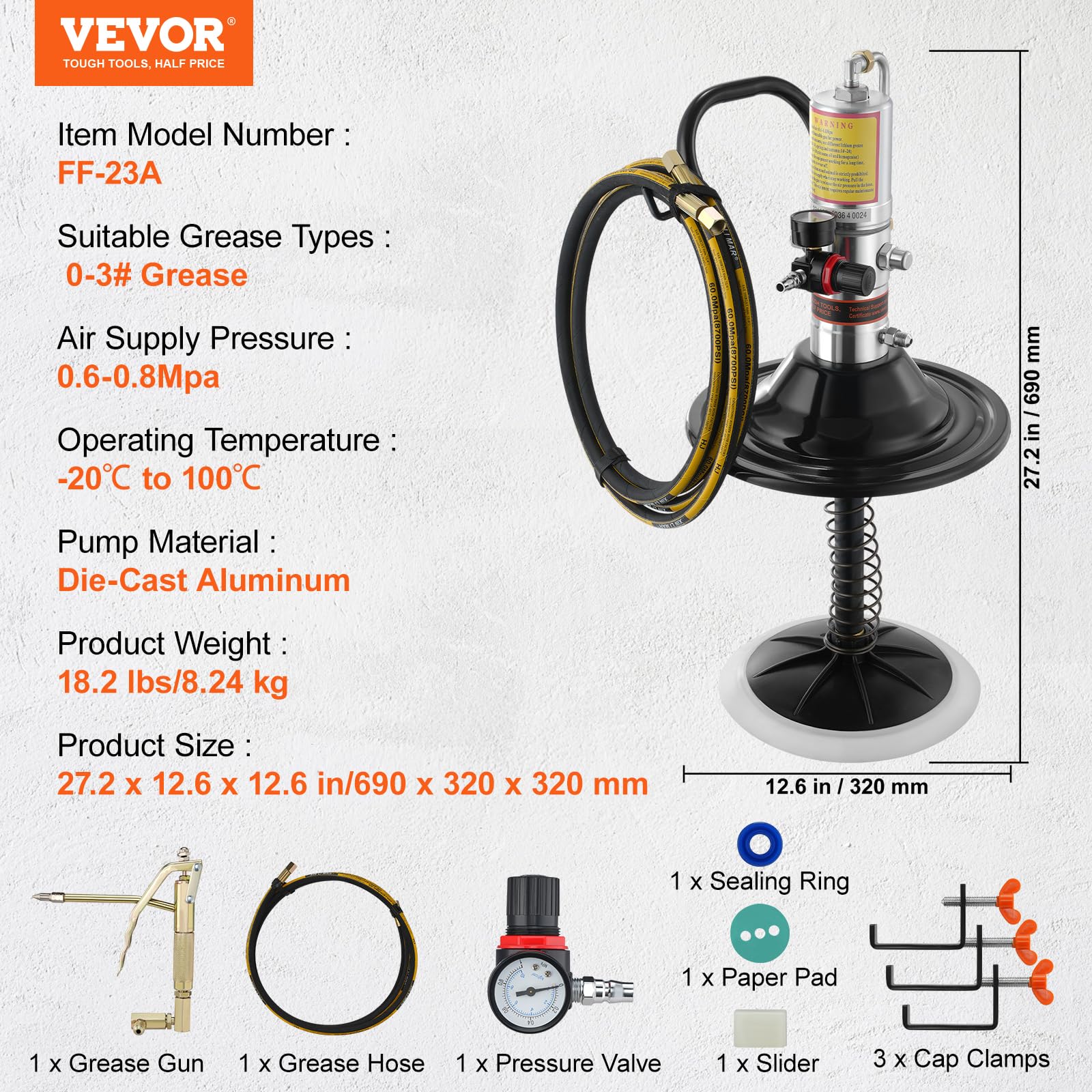 VEVOR Bomba de Grasa Neumática Relación de Presión 50:1 Bomba Neumática de Cubo de Grasa Manguera de 4m Pistola de Grasa Bomba de Grasa Portátil con Tapa de Barril Cabezal de Pistola de Grasa de 360°