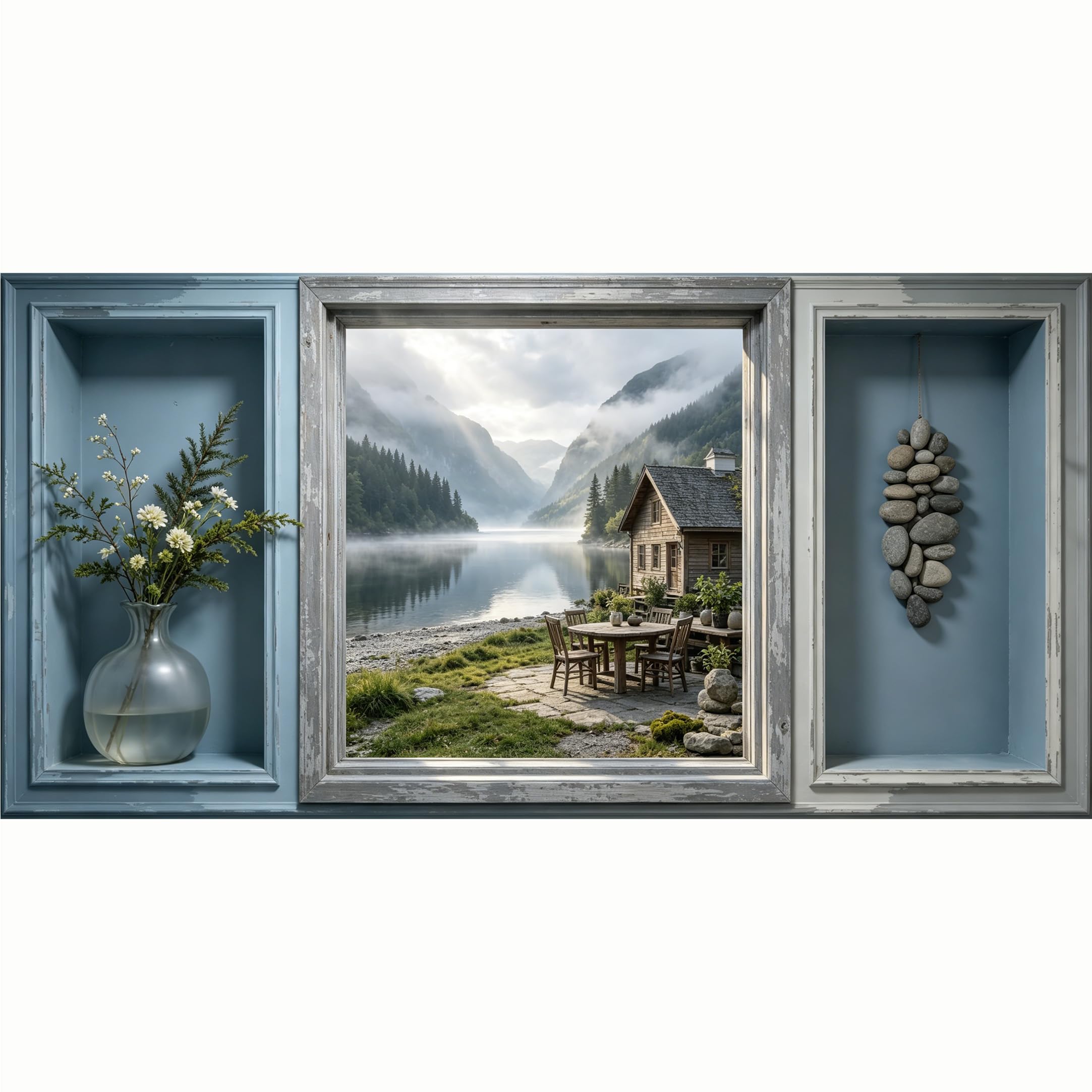 QZLITHOTIC 50x100cm 3D Framed Wall Art， Mountain Lake Cabin View Farmhouse SelfAdhesive Mural， WaterActivated Peel & Stick Fabric Decor Wall Decal for Bedroom Living Room