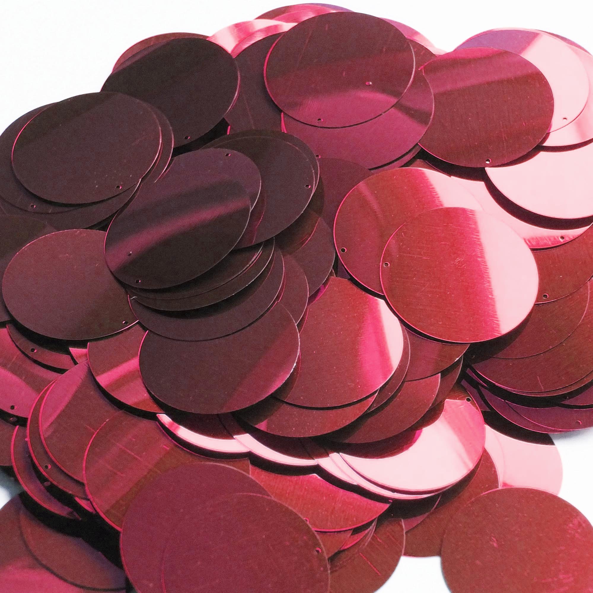 30mm Flat Round Sequins Red Wine Burgundy Metallic Loose Paillettes. Embroidery, bridal, display arts, crafts, embellishment. Made in USA.