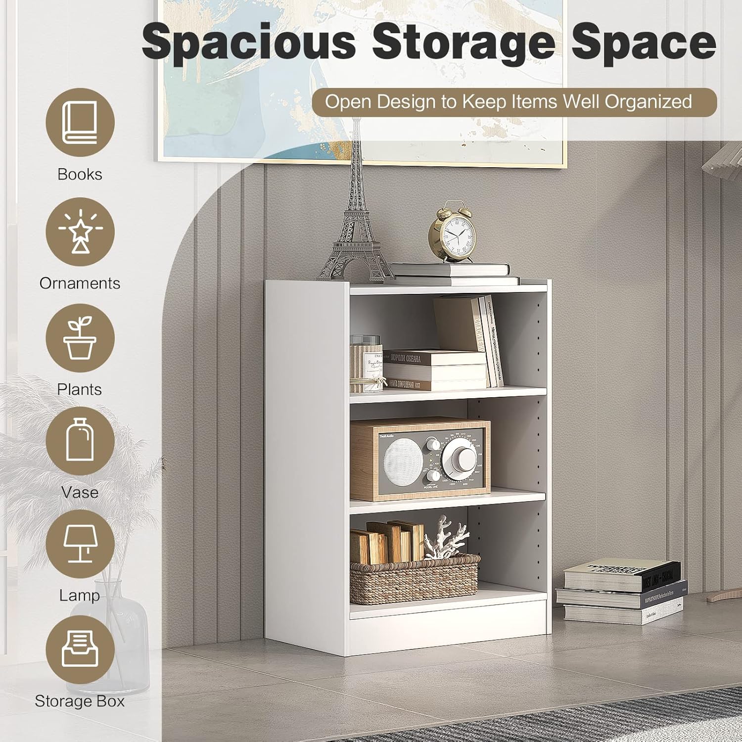 Moccha 3-Tier Bookshelf, Modern 3 Cube Bookcase with Adjustable Shelves, Anti-Tipping Device, Freestanding Open Book Shelf, Wood Cube Storage Organizer for Kid’s Room, Living Room, Bedroom (White)