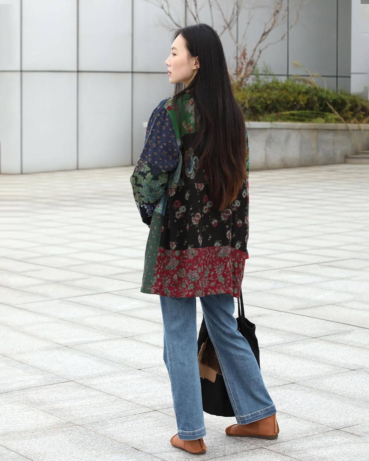 Womens Blazers Casual Open Front Long Sleeve Floral Jackets with Patchwork Color Block & Pockets - Image 7