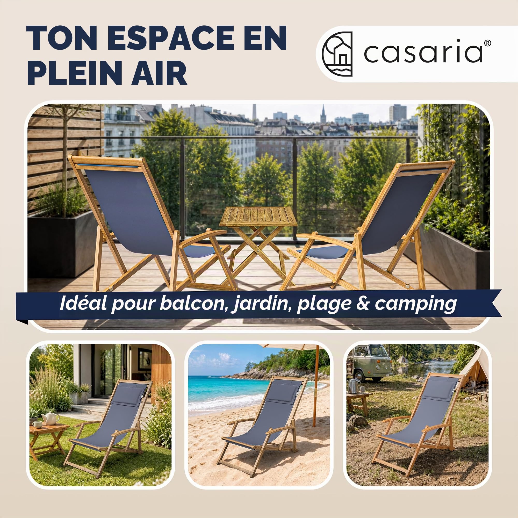 Casaria® Chaise Longue Pliante en Bois Anthracite Chaise de Plage 3 Positions Chilienne transat Jardin Exterieur