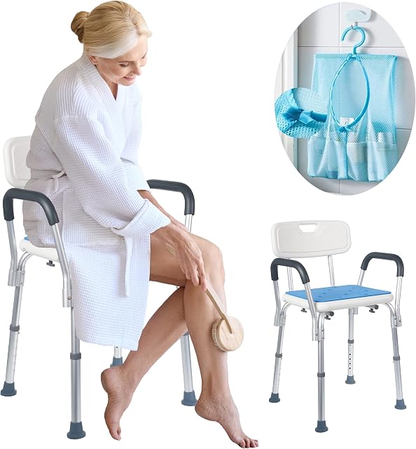 Medokare Shower Seat - Adjustable, Padded Shower Stool with Back Rest - Bath Chair for Elderly Adults & Seniors with Handles and Tool-Free Assembly, White