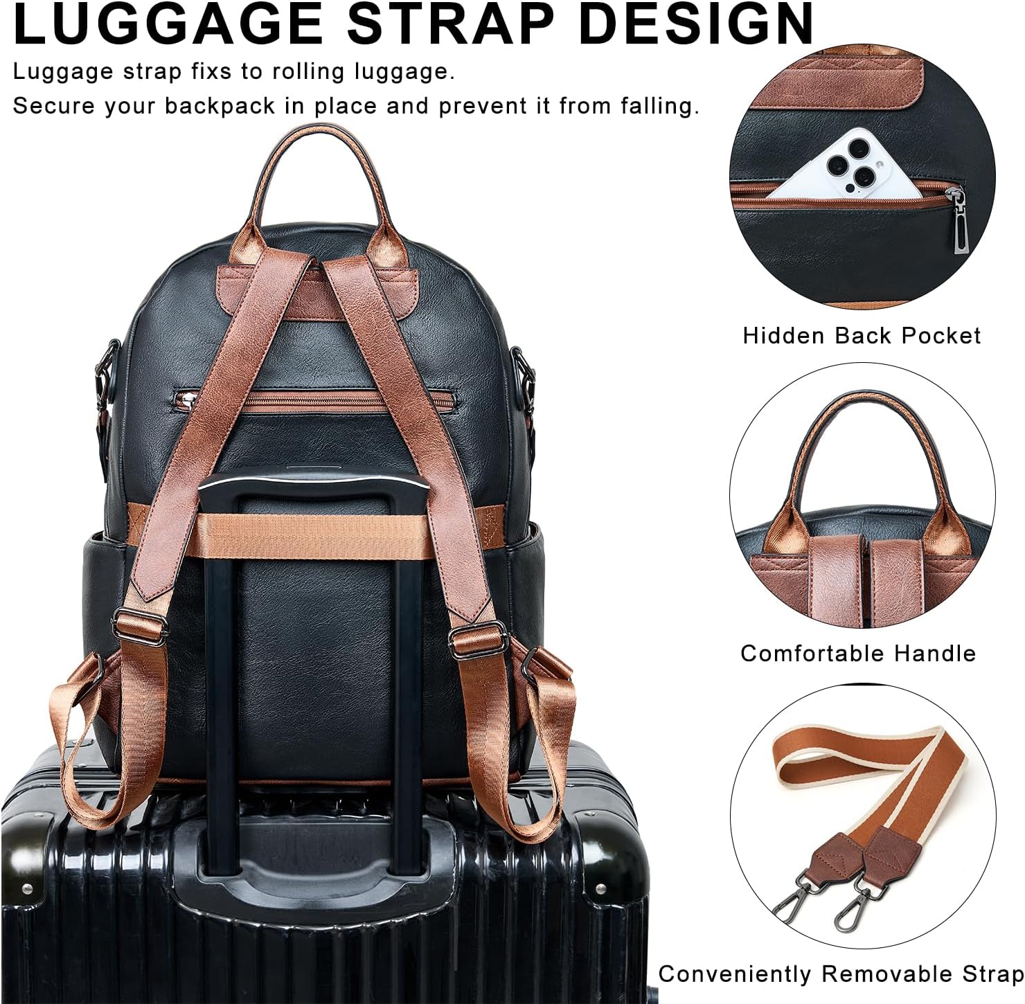 Backpack Purse for Women Laptop Backpack, Leather Travel Backpack Shoulder Bag Teacher College Daypack Work Handbag fits 14" Laptop-Black with Brown