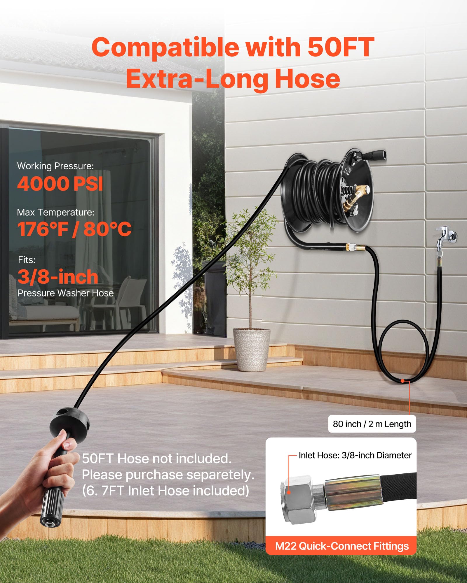 VEVOR Enrouleur de Tuyau pour Nettoyeur Haute Pression 15,2 m x 9,5 mm, Dévidoir Acier Montage sur Support, Mur, Sol, Pression Maximale 275,8 bar, Manivelle Manuelle pour Lavage Voiture, Sol, Jardin