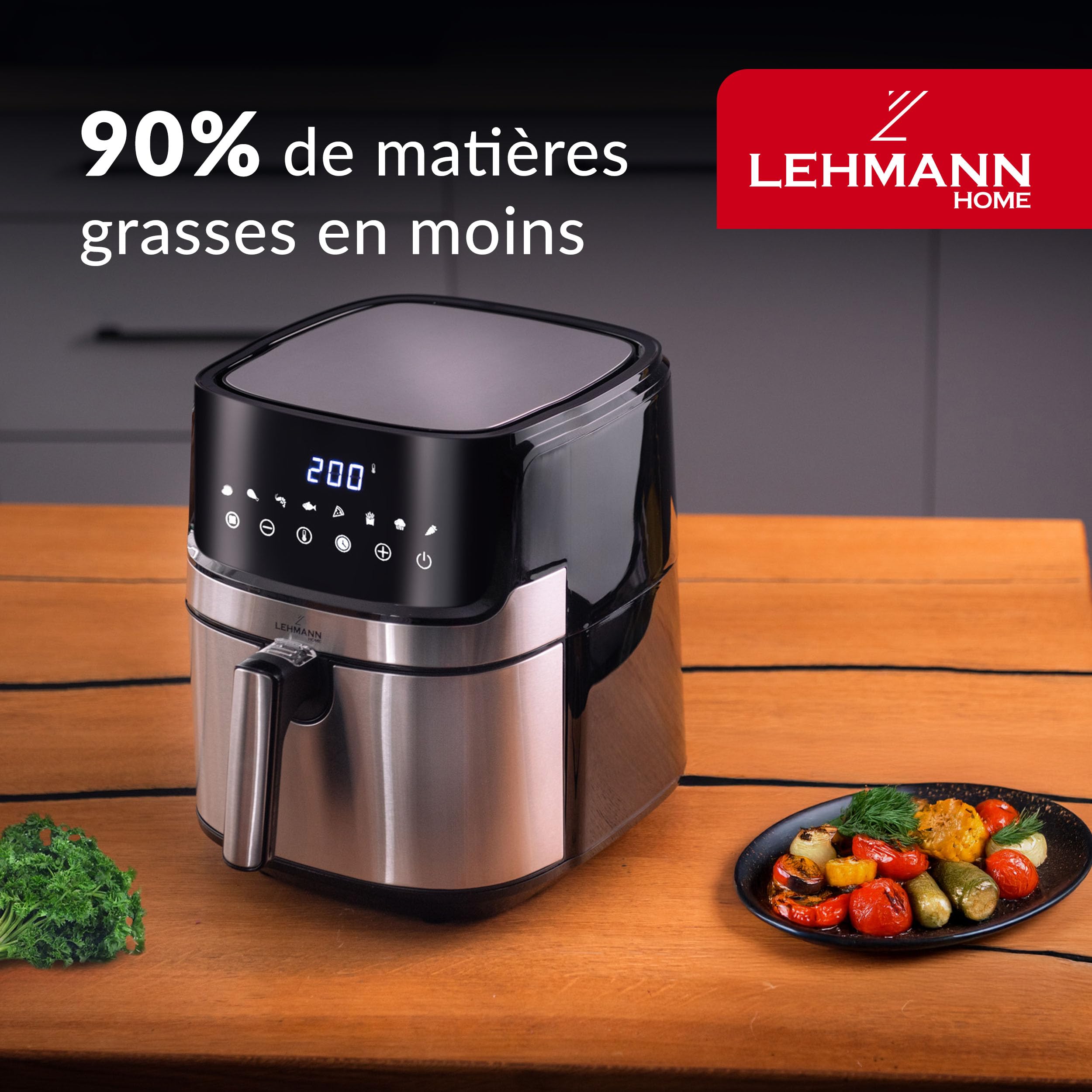 LEHMANN Air Fryer XL, 6,5L, Friteuse sans Huile avec 8 Programmes, Grande Métallique Tiroir, Écran Tactile, Minuterie, Revêtement Antiadhésif, 80-200 °C, Compatible Lave-vaisselle, Familial