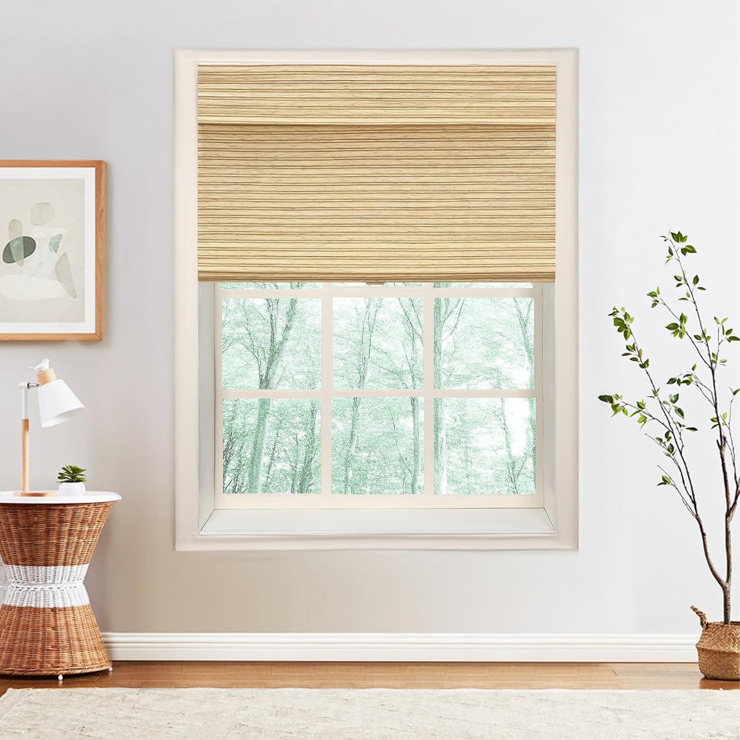Ramie Cordless Bamboo Roman Shades for French Door, Custom Size Light Filtering Window Treatment for Living Room, Kitchen, Bedroom, Patio, Honeynut