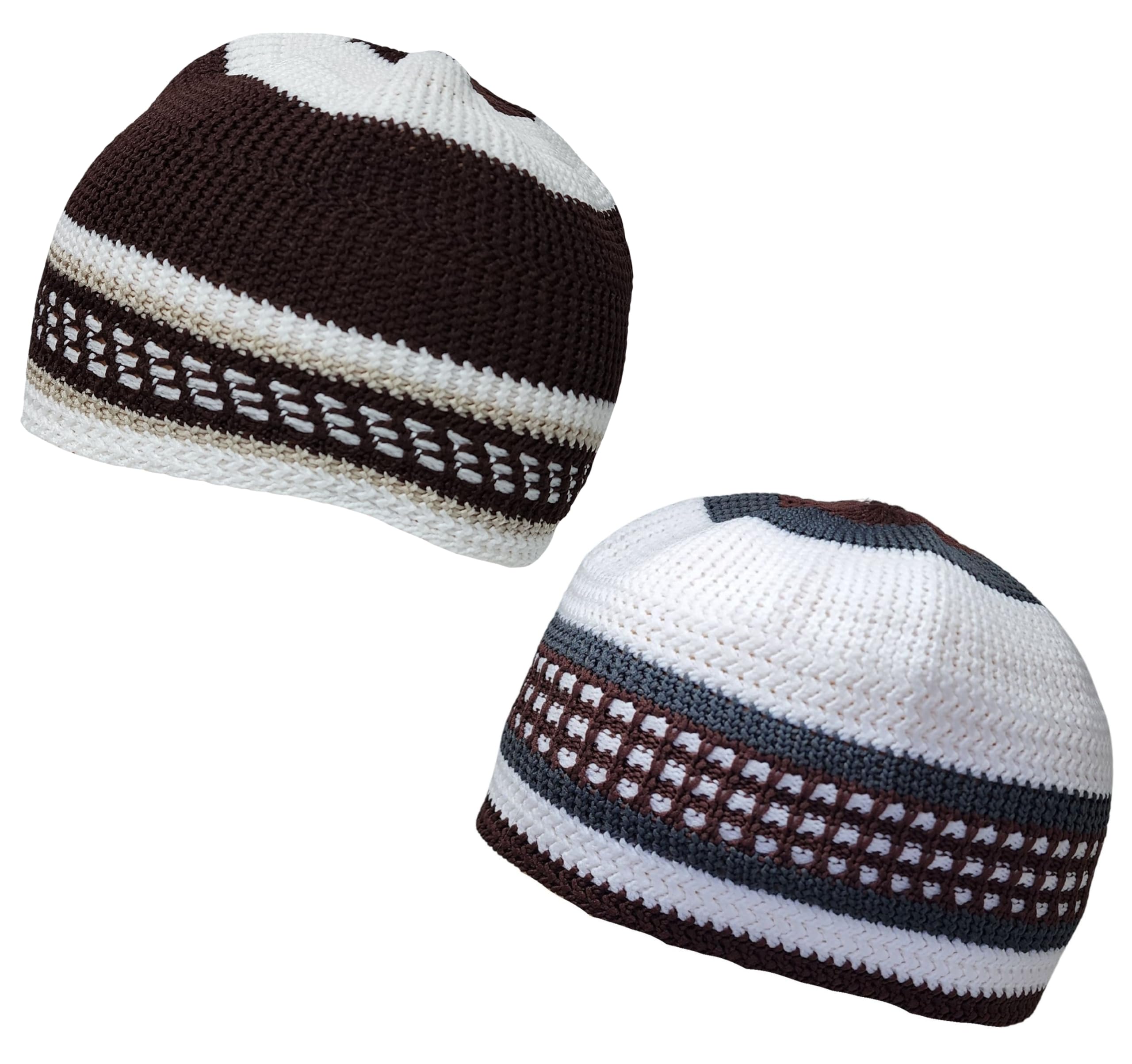 Pack 2 Colors Muslim Beanie Cap AMN-260P2 Islam Kufi Prayer Knit Hat Crochet Taqiyah Takke Skull Topi Eid Ramadan Gift, Brown/White, One size