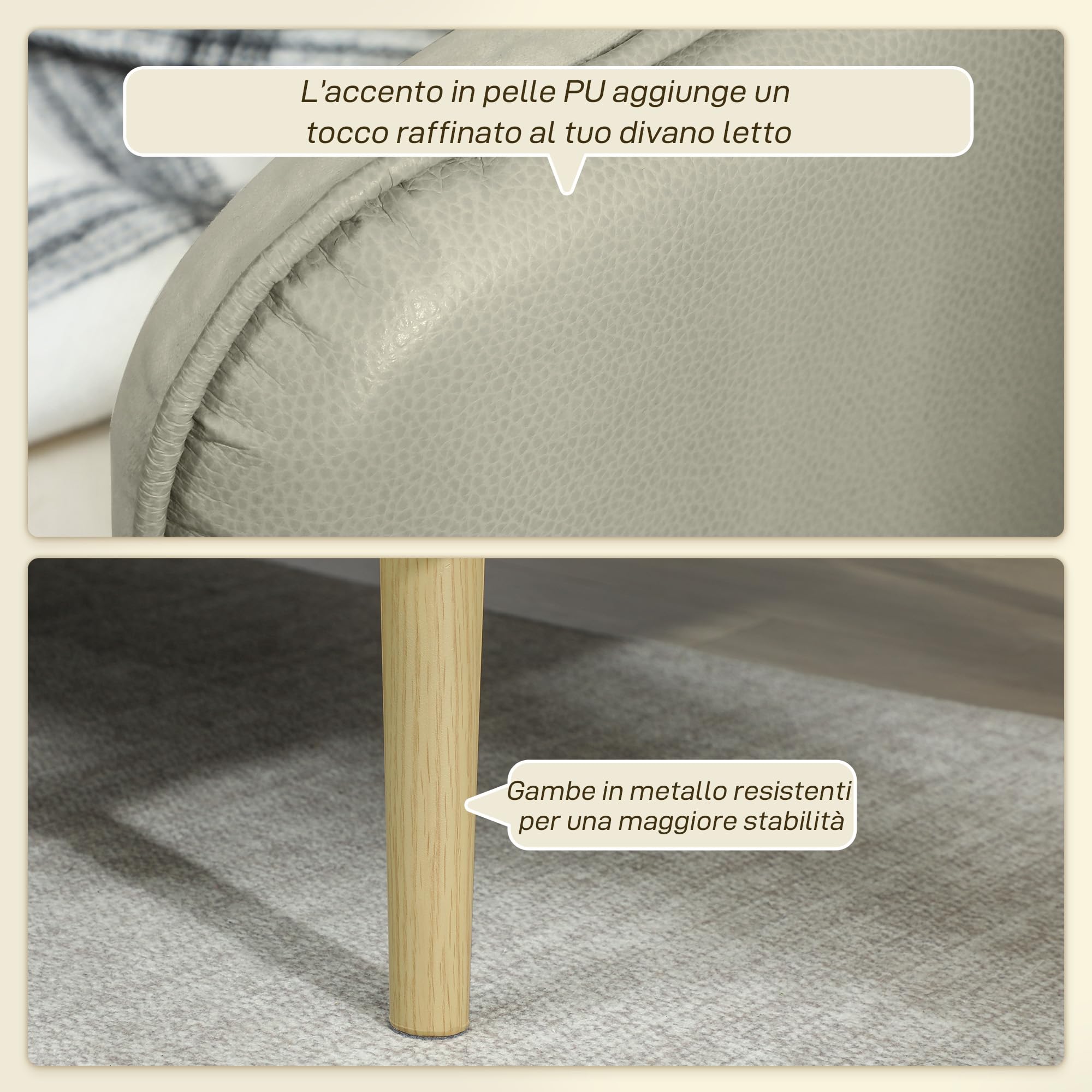 HOMCOM Divano Letto 3 Posti Convertibile con Braccioli in PU, Divanetto Reclinabile Trasformabile Clic Clac in Velluto con Gambe in Metallo, Struttura in Legno per Salotto, Camera, 185x84x83 cm, Beige
