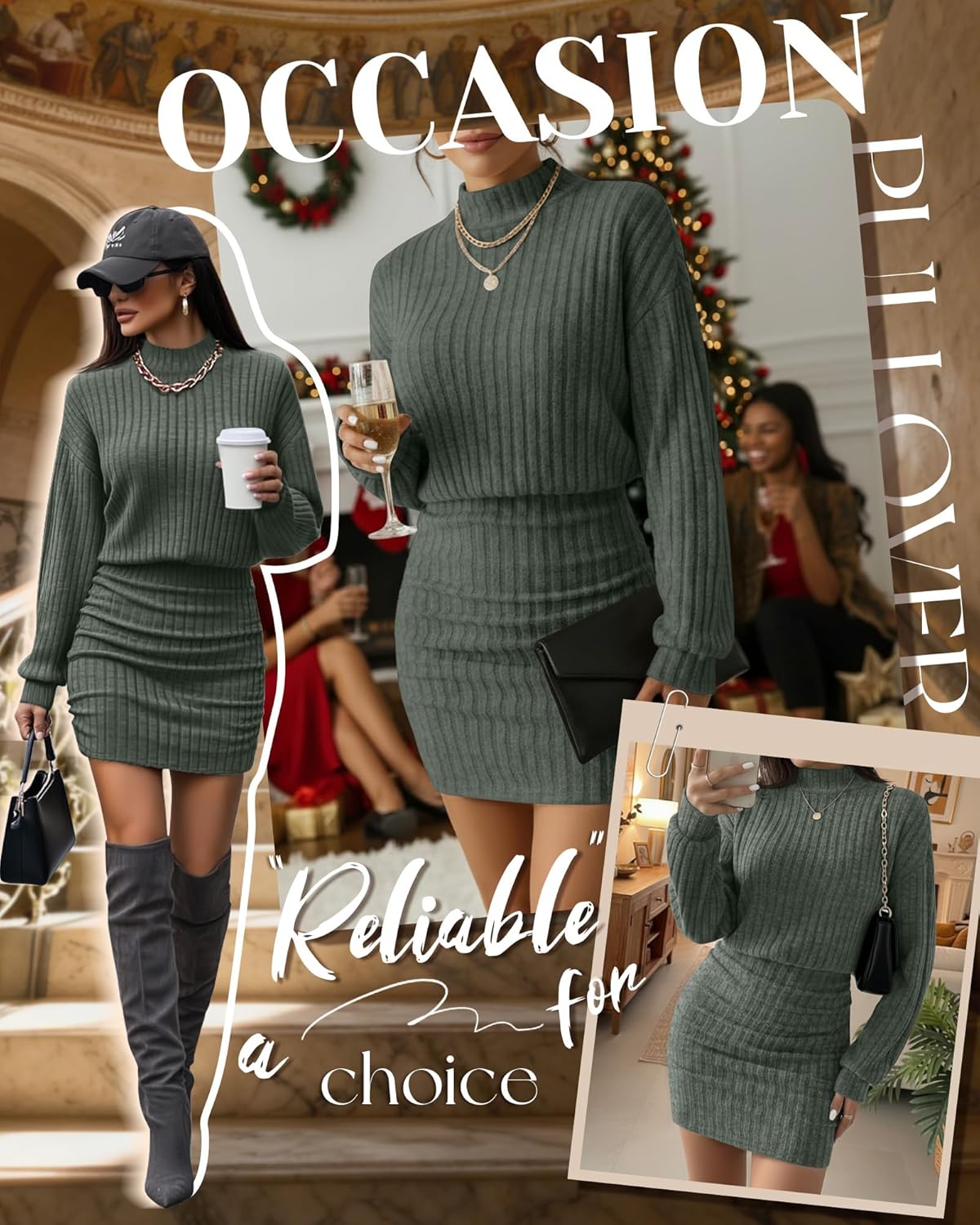 Women's Pullover Sweater Dress Long Lantern Sleeve Ribbed Knit Mock Neck Ruched Bodycon Casual Mini Dress 2025 - Image 4