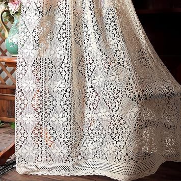 Handmade Cotton Crochet Knitting Curtain,Boho Country Style Window Curtains,Blackout Embroidery Drapes - 1 PanelSize200x240cm79x94inch,ColorBeige Hook up