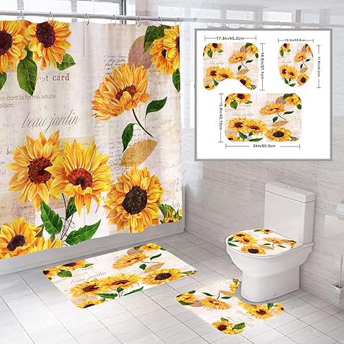 Mightree Juego de 4 cortinas de ducha de baño, 71 x 65 pulgadas, cortina de baño de tela impermeable con 12 ganchos, cubierta para tapa de inodoro y