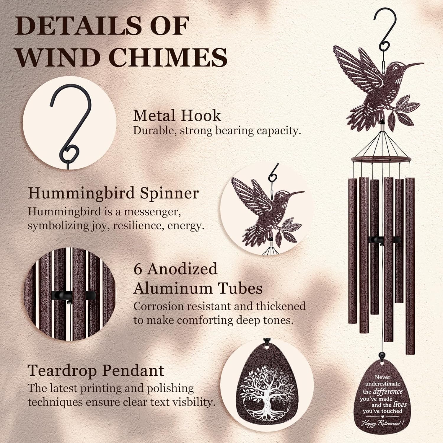 SteadStyle Retirement Gifts for Women Men - Best Retirement Wind Chime, Farewell Going Away Goodbye Gifts for Coworkers, Teacher, Boss, Nurse, Veterans Large Size Wind Chime 37 in - Image 5