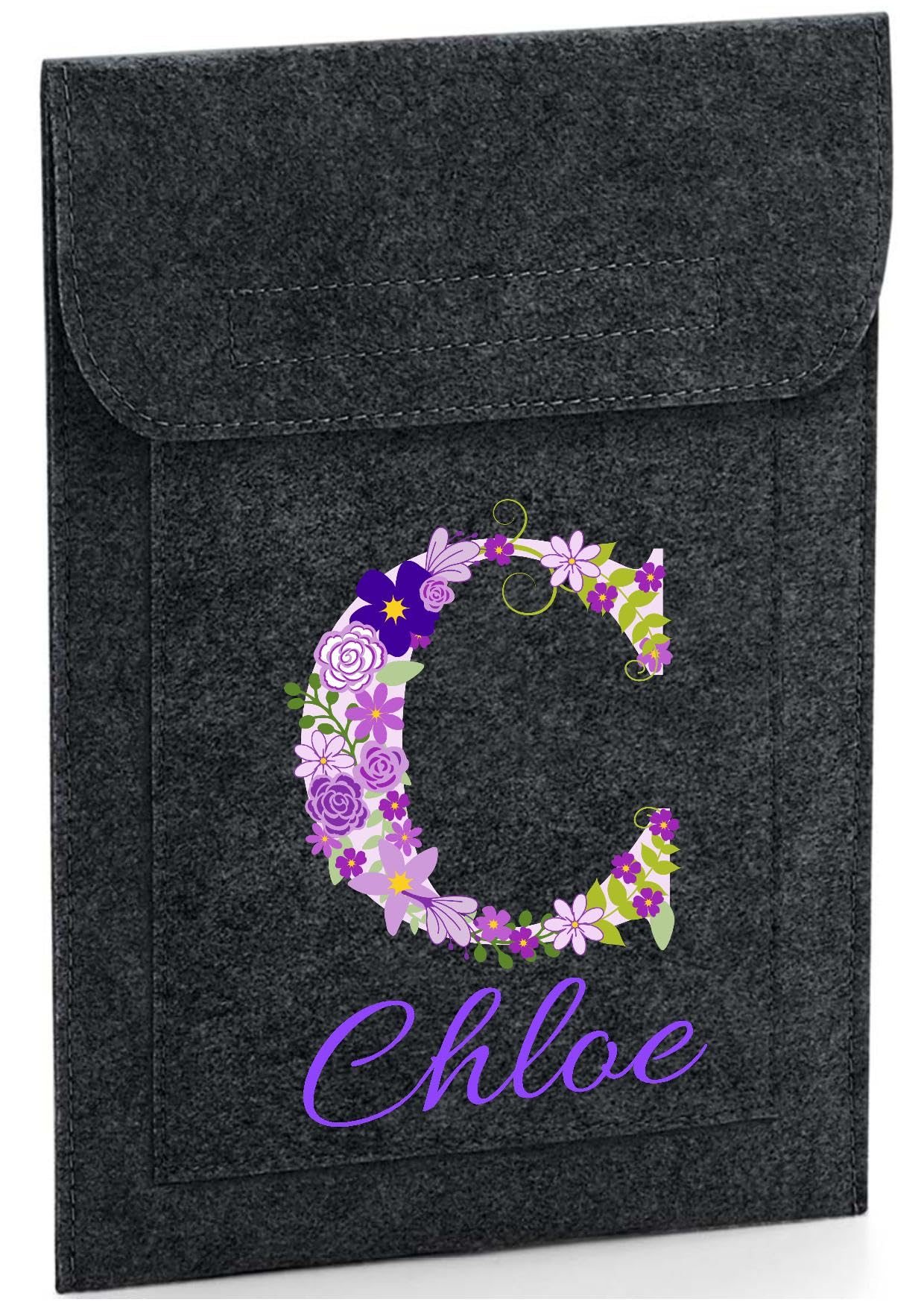 Personalised Baby Health Record Cover, Charcoal Felt with Purple Floral Initial Design, NHS Red Book Holder