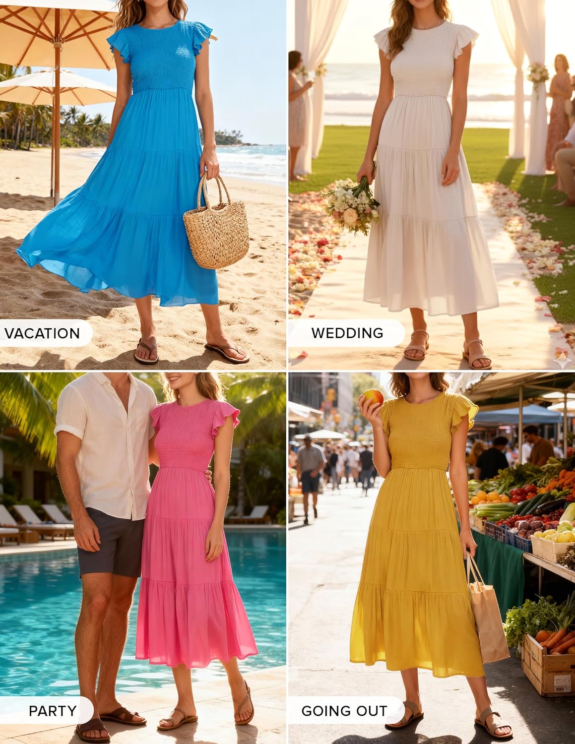 ZESICA Women's 2026 Summer Casual Flutter Short Sleeve Crew Neck Smocked Elastic Waist Tiered Midi Dress - Image 2