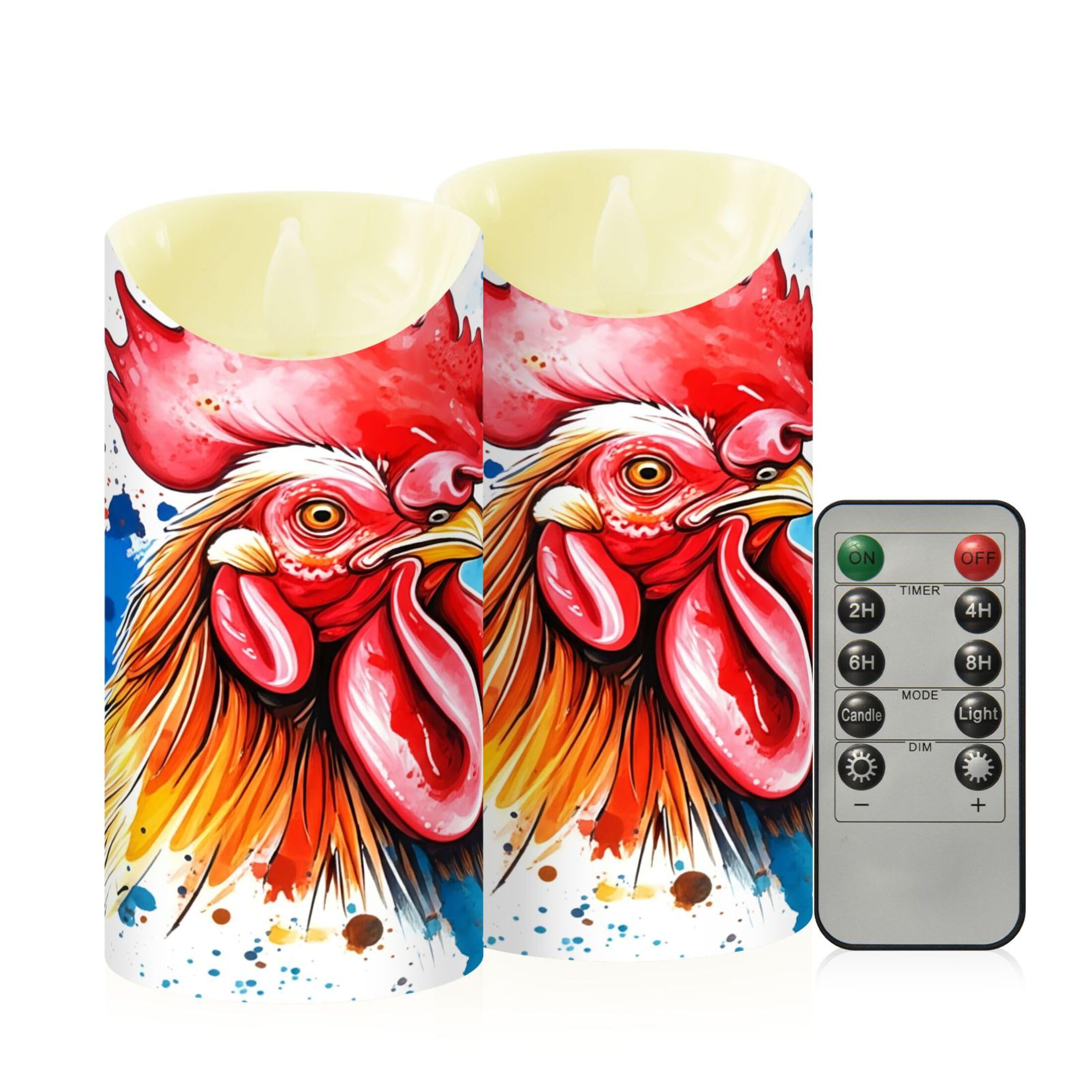 Kutsu Rooster Flameless Candles Set of 2, Battery Operated LED Flickering Candles with Remote and Timer, Plastic Pillar Candles for Home Wedding Decor