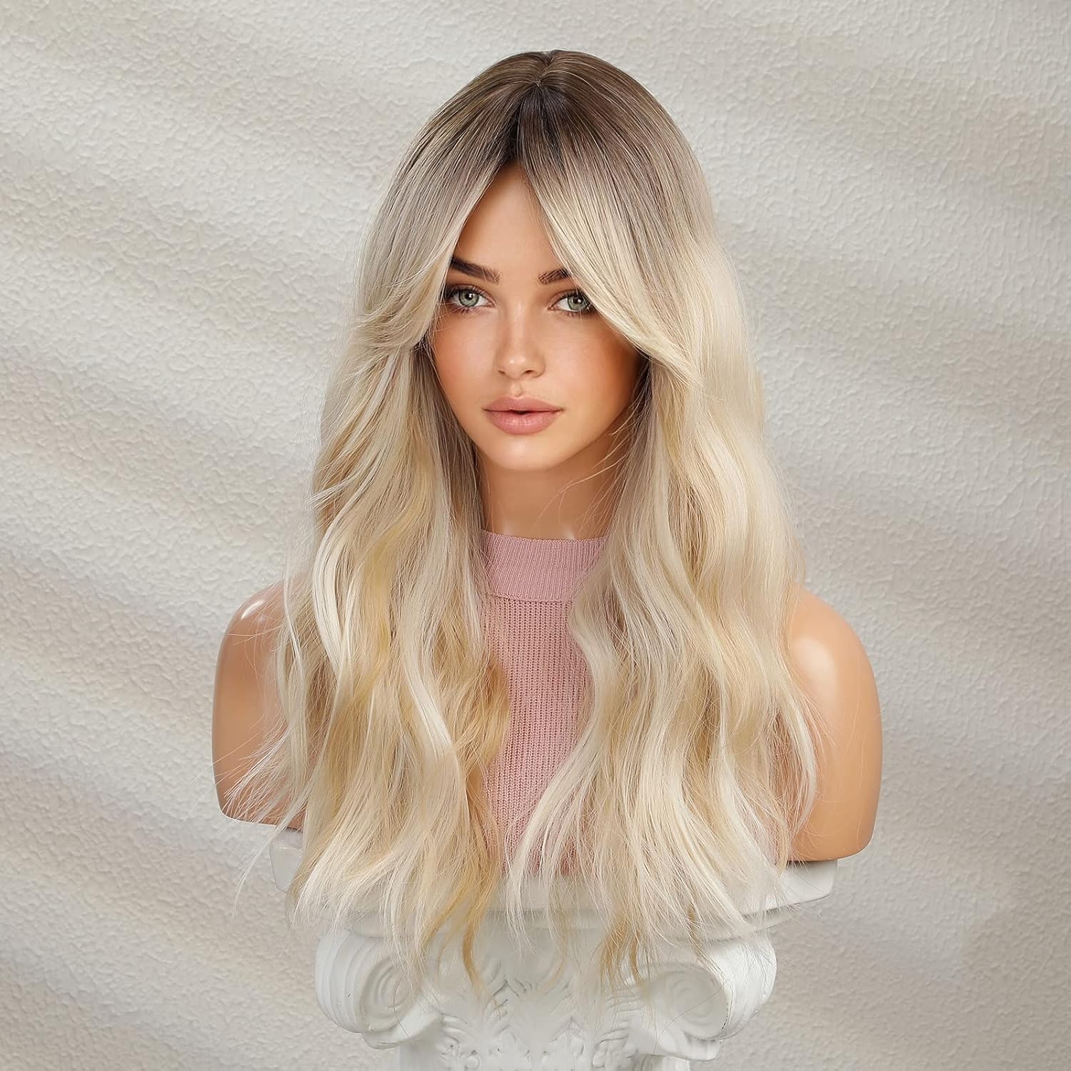MAGQOO Blonde Wig for Women Long Curly Wavy Ombre Blonde Wigs Dark Roots Two Tones Synthetic Heat Resistant