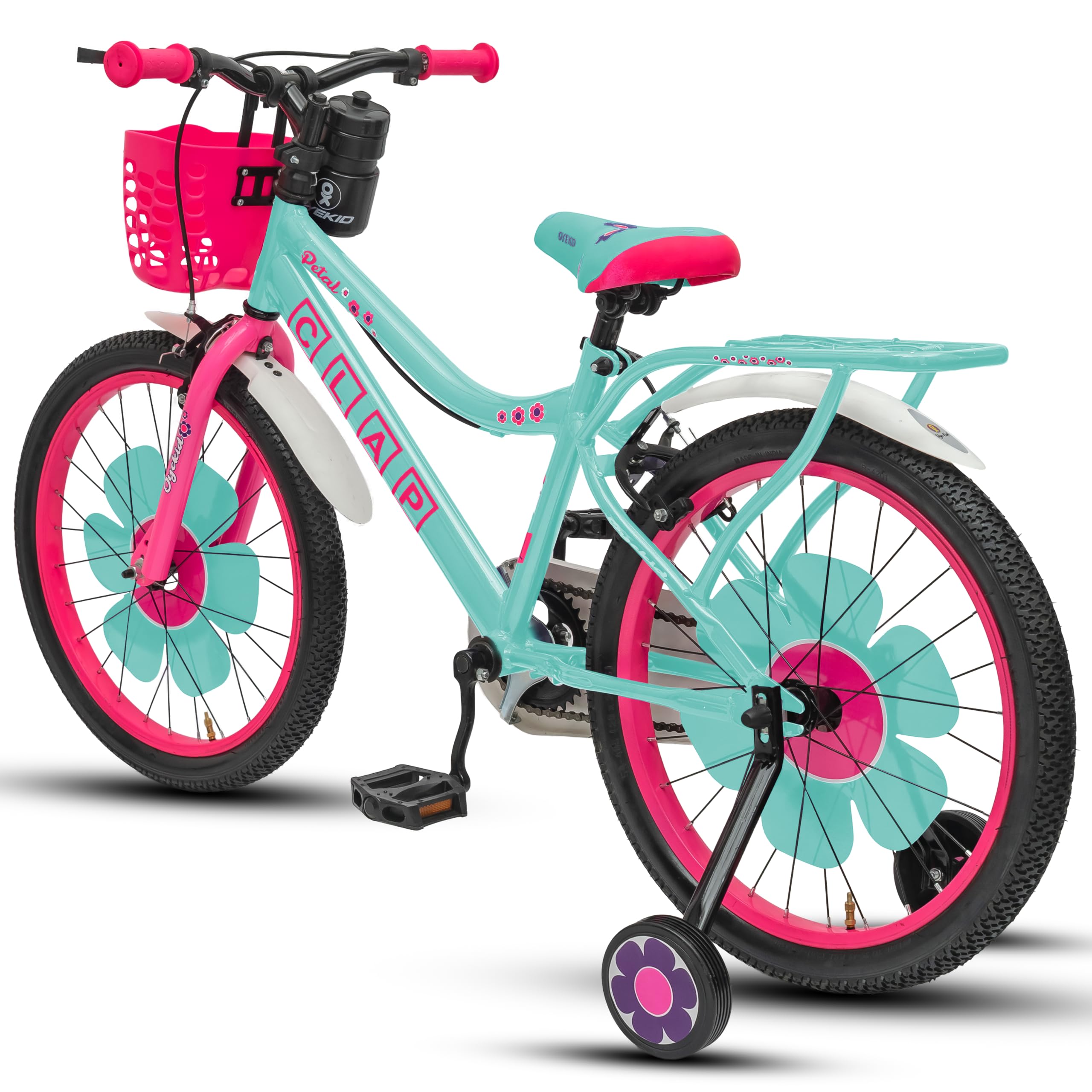 Petal 20T Kids Bicycle with Training Wheels | Backrest, Basket & Full Chain Cover | Ideal for Girls Aged 7-9 Years (Sea Green-Pink, 20T)-image-37