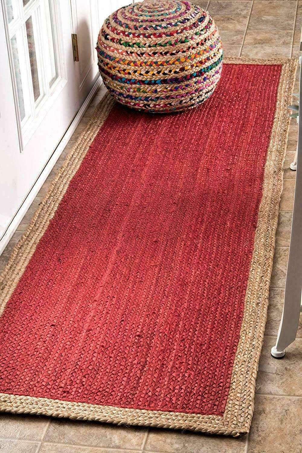 Nowoczesny dywan z juty, ręcznie wykonany bieżnik, do salonu, korytarza, czerwono-beżowy (60 x 120 cm)