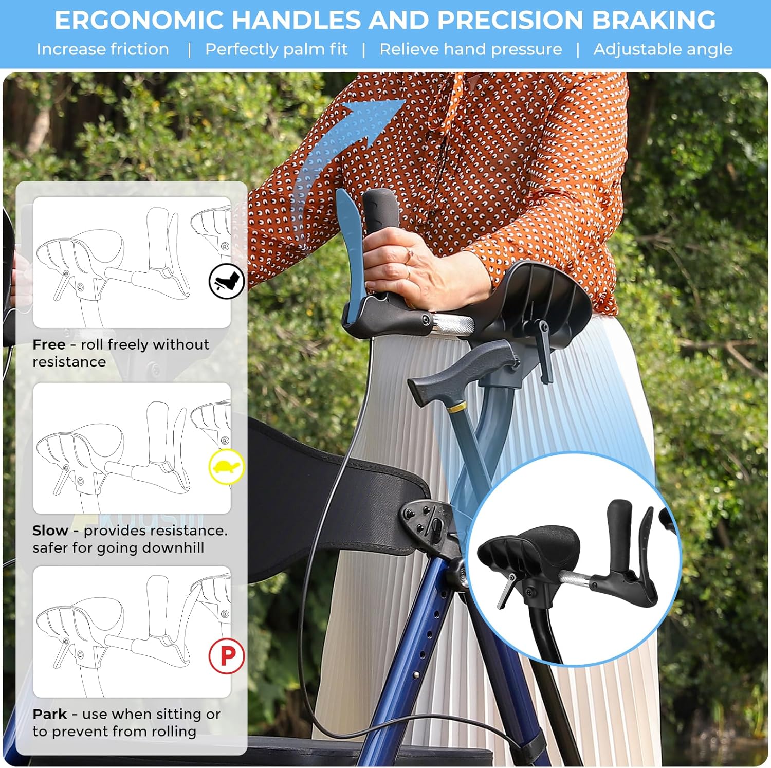 Diagram illustrating the three modes of the braking system: Free, Slow, and Park, with instructions on how to engage each.
