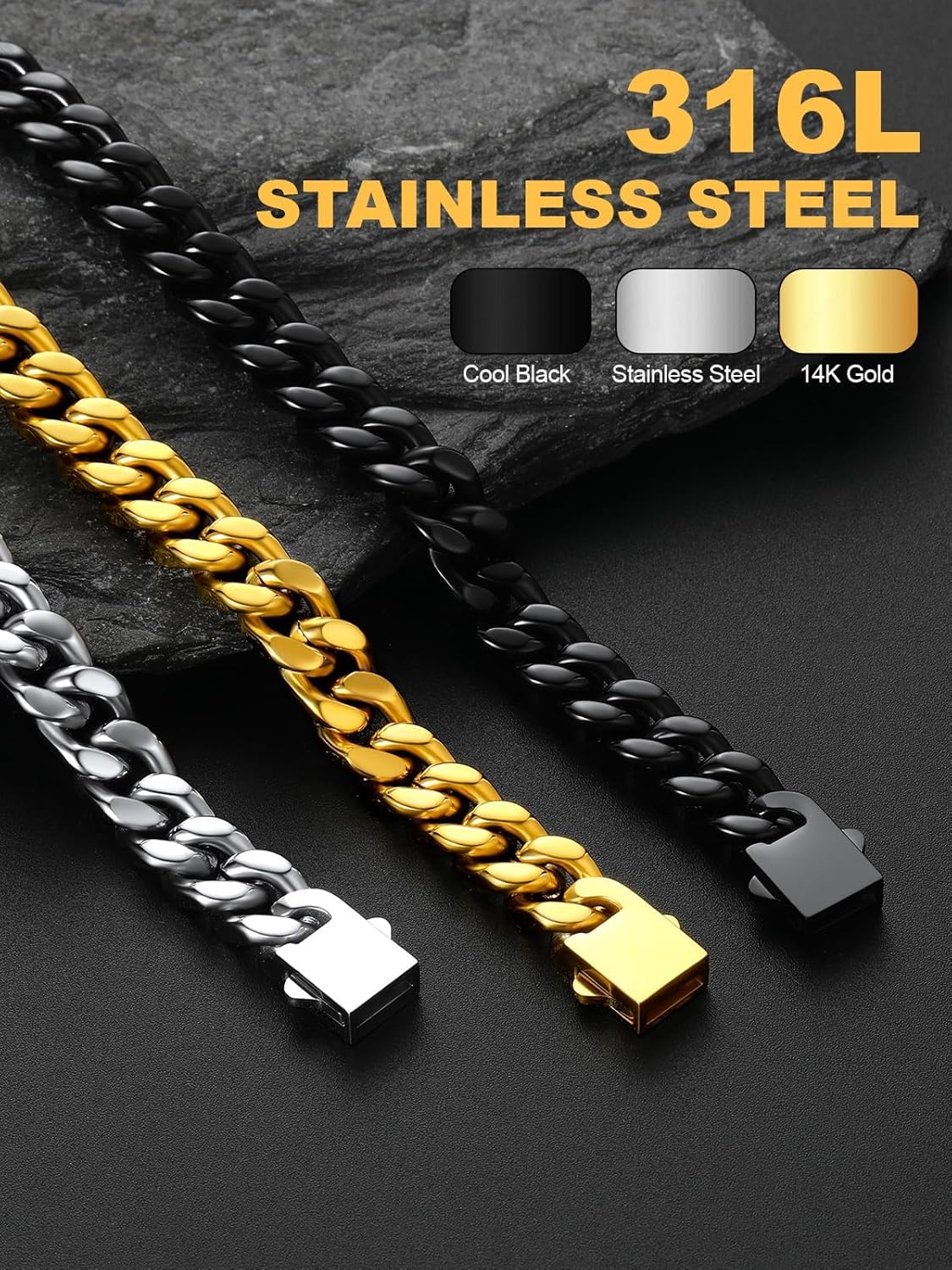 U7 Cuban Link Bracelets for Men Stainless Steel Wrist Bracelet Silver Black Gold Cuban Hand Chain Bracelet for Mens Women, 5/7/9/12mm Width, 7.5/8.3/9 Inch Length Classic Jewelry with Box Packed - Image 7