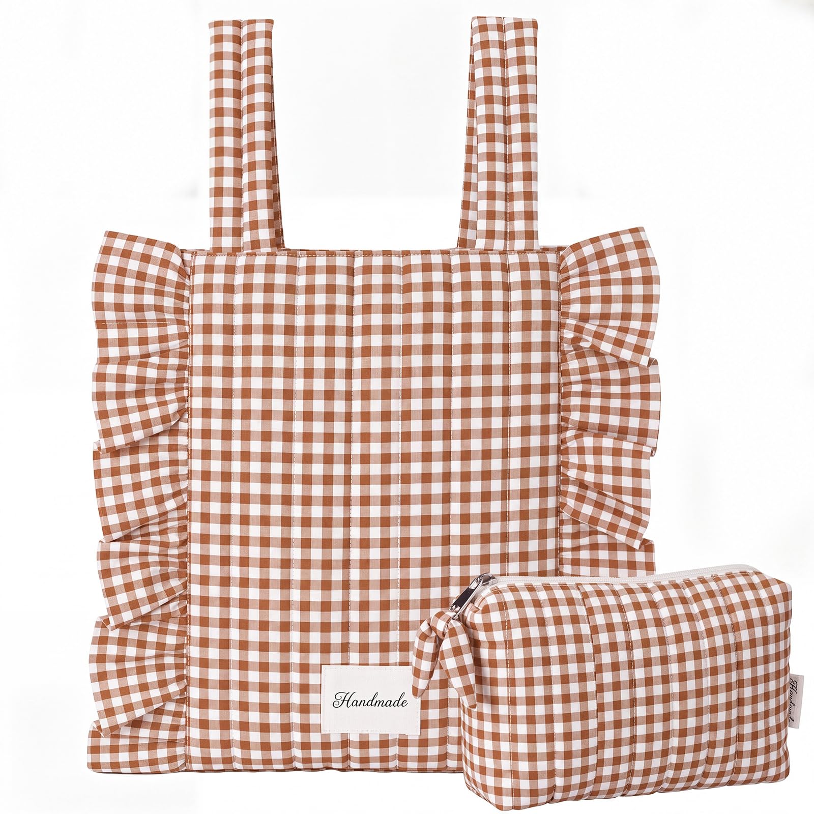 Abbylike Plaid Stroller Bag with Detachable Handle Drawstring Pocket Includes Mini Pouch Universal for Strollers, Brown and White, 9.5 x 5 x 11 inches