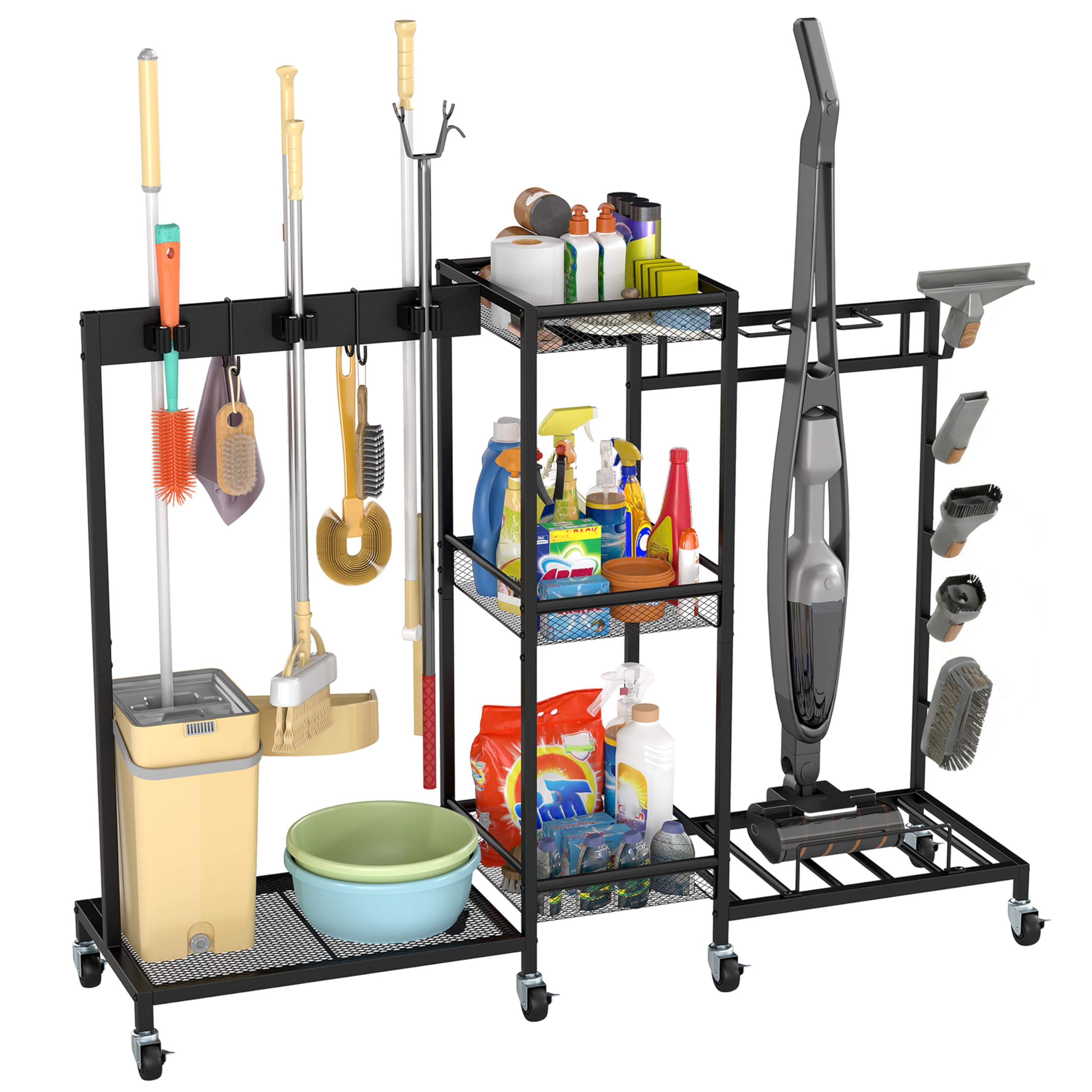 ohbien Mobiler Reinigungswagen mit Staubsaugerständer Mopphalter Besenhalter 85 × 101 × 30 cm
