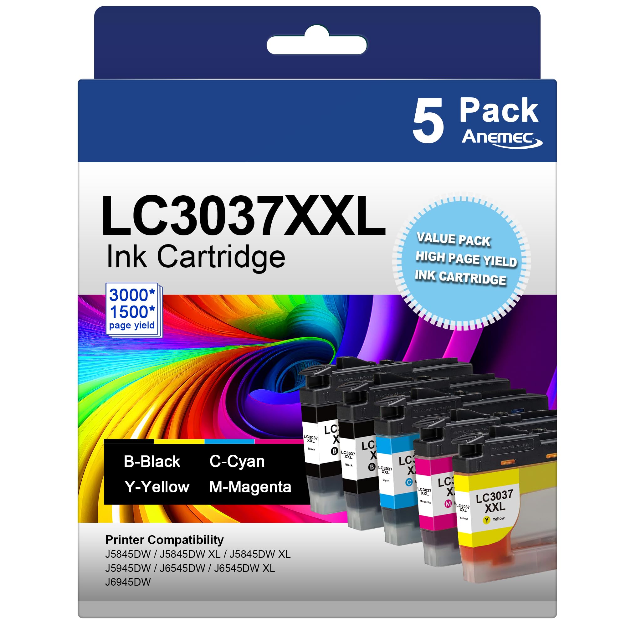Anemec LC3037 LC3037XXL Replacement for Brother LC3037 Ink Cartridges with Super High-Yield Work for MFC-J5945DW MFC-J5845DW MFC-J5845DWXL MFC-J6545DW
