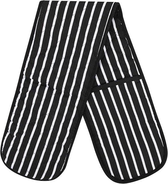 Butcher Quilted Stripe Pot Holder Heat Resistant Mitt 100% Cotton Double Oven Gloves (Black)
