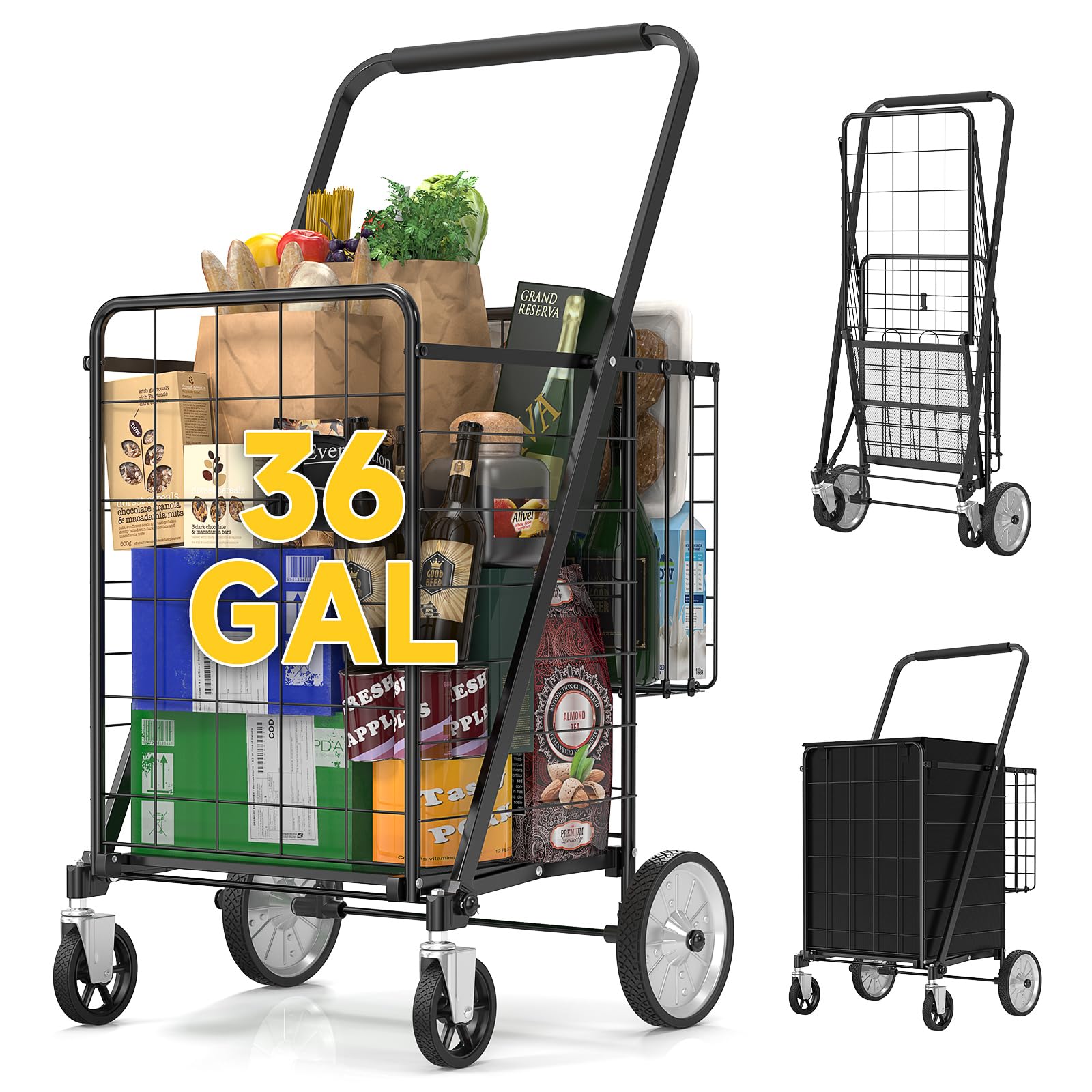 [2024 Upgrade] APILAB Shopping Cart for Groceries - Grocery Cart with 360° Swivel Big Strong Wheels, 350Lbs Capacity, Foldable Grocery Cart with Basket & Liner - Heavy Duty Utility Cart for Laundry