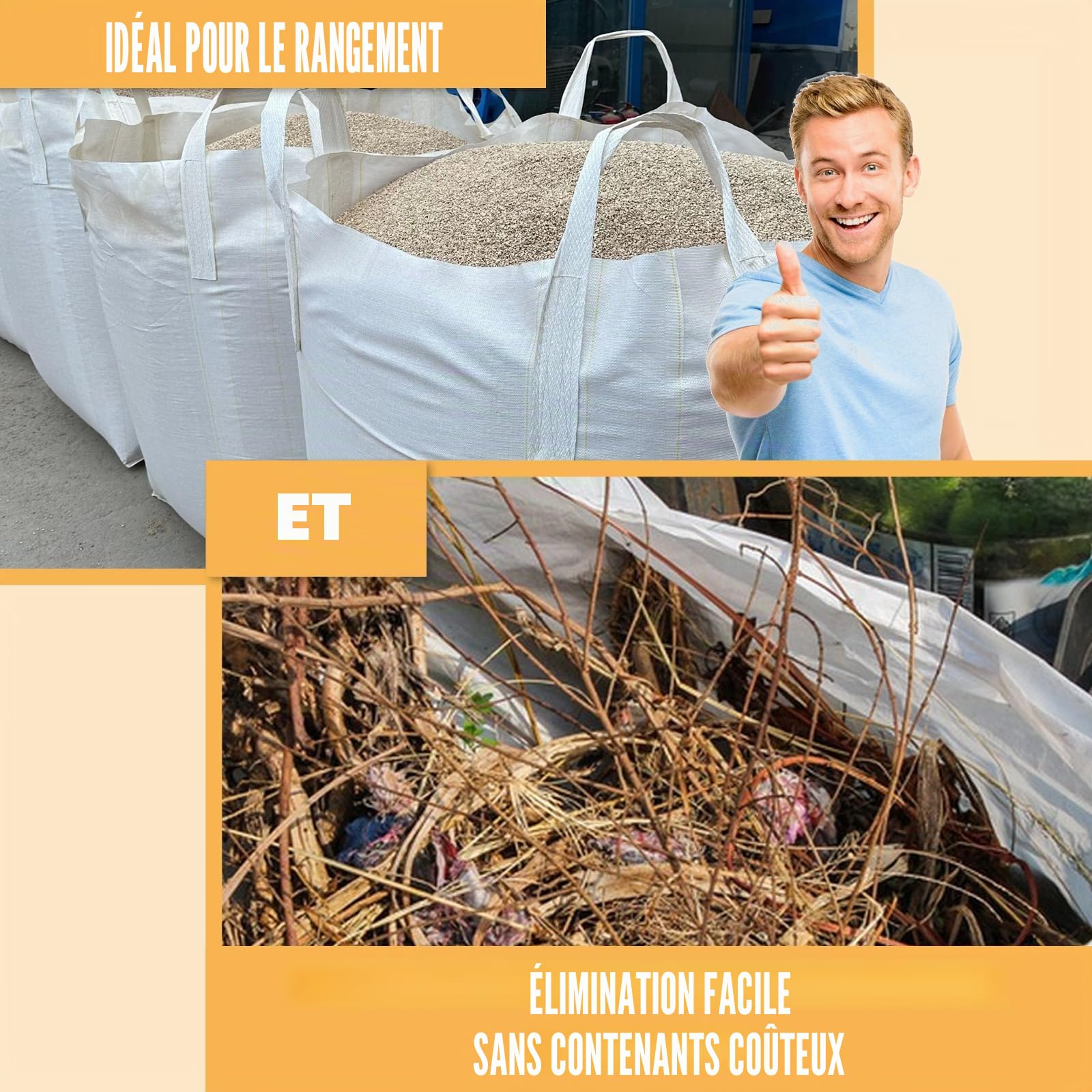 DAJAVE Big Bag - Lot de 2 sacs pour gravats de construction, bois, déchets de jardin, sable, déchets de construction, 1000 kg, avec 4 poignées de levage pour le transport