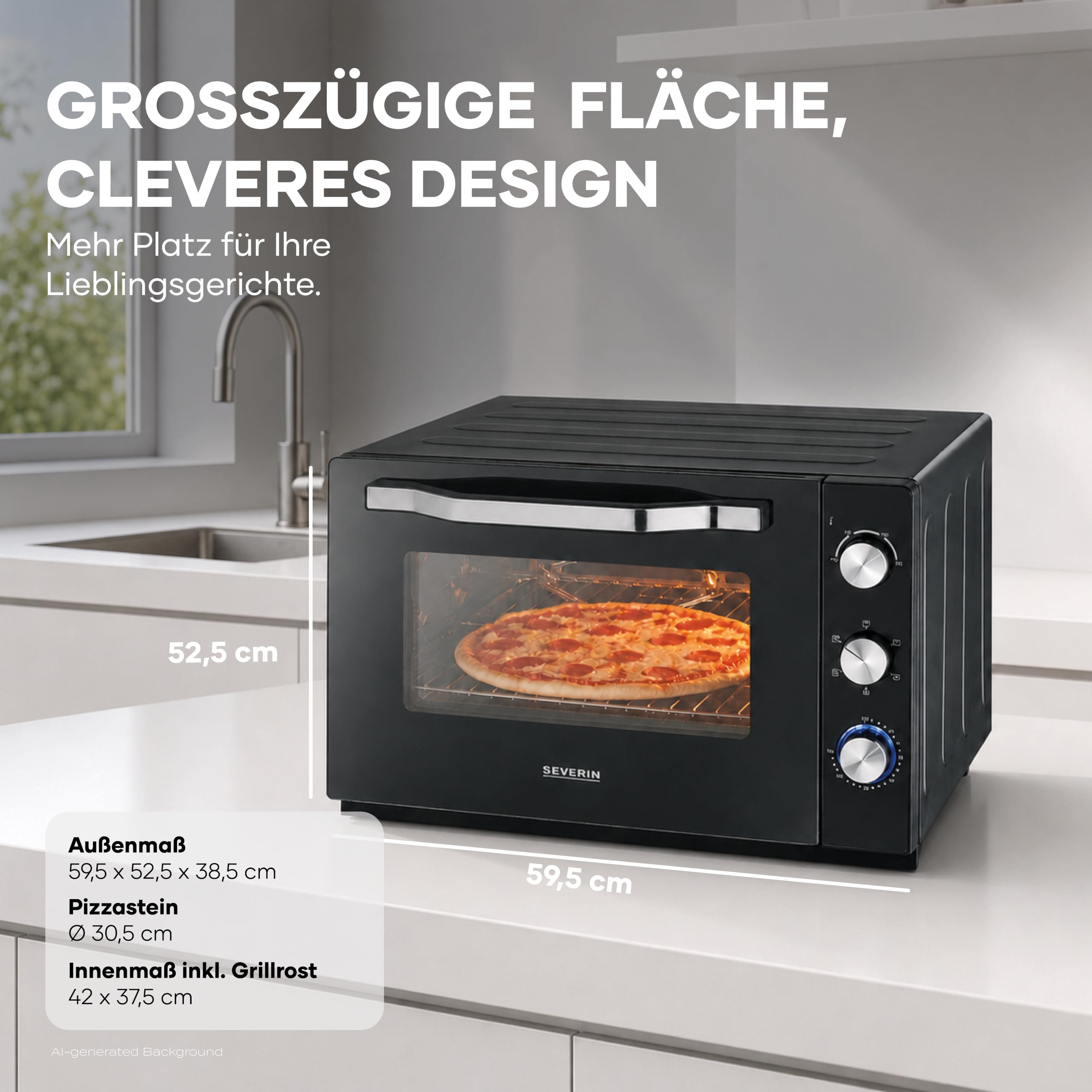 SEVERIN XXL Back- und Toastofen mit Umluftfunktion, inklusive Grillrost, Backblech, Drehspieß und Pizzastein, vielseitiger Heißluftofen mit 60 L Kapazität, 2.200 W, schwarz, TO 2073