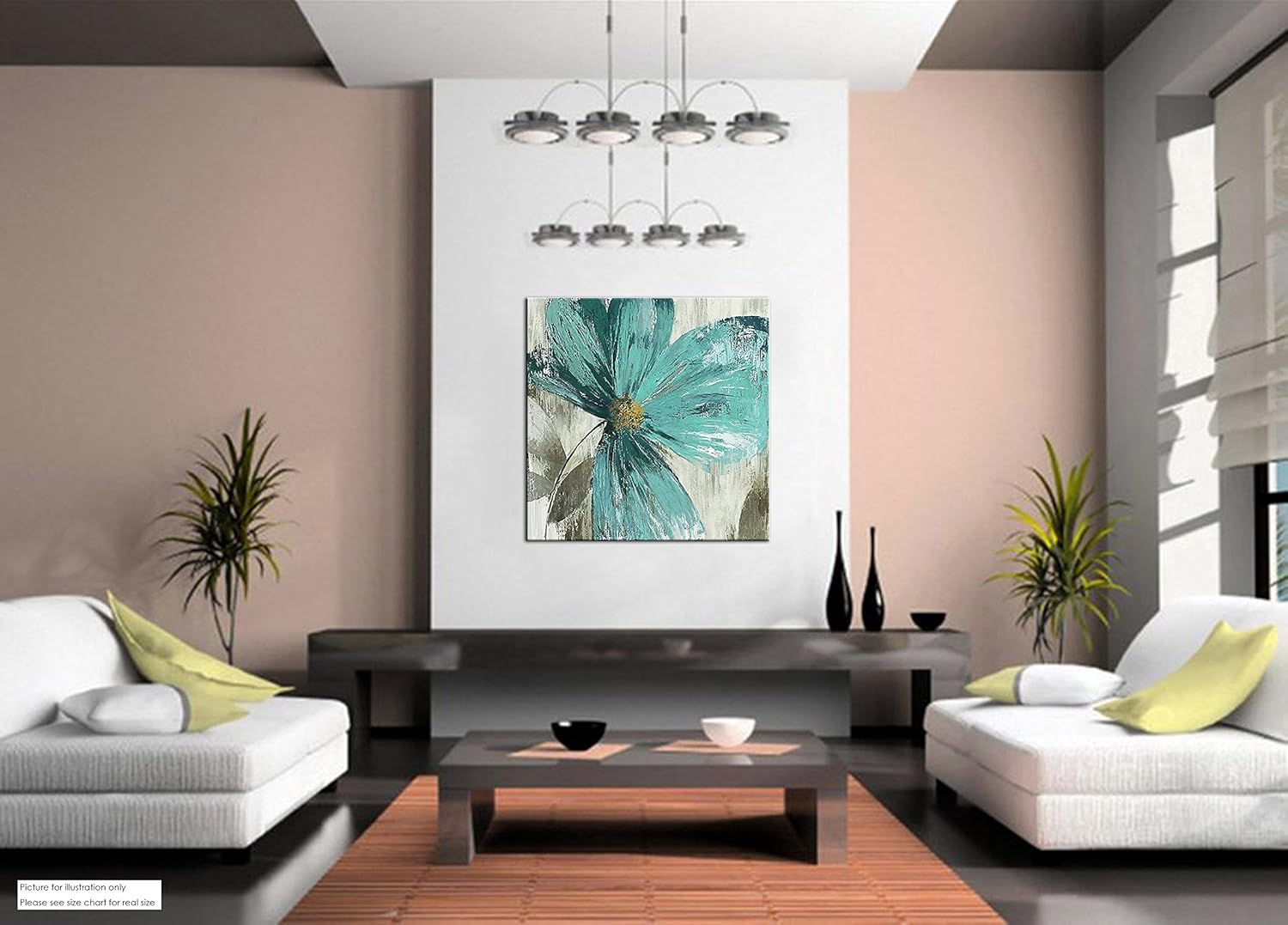 Niwo ART - Teal Flower B, Floral painting Artwork Canvas Wall Art Home Decor,Framed Ready to Hang (16"x16"x3/4")