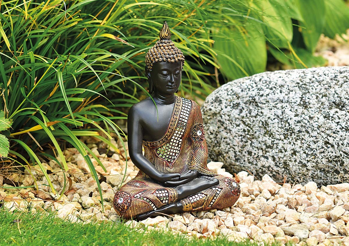 Thai Buddha-Figur, meditierend, schwarz-Gold | Dekofigur, Skulptur, Statue, Deko-Artikel, H 27 cm, Mehrfarbig