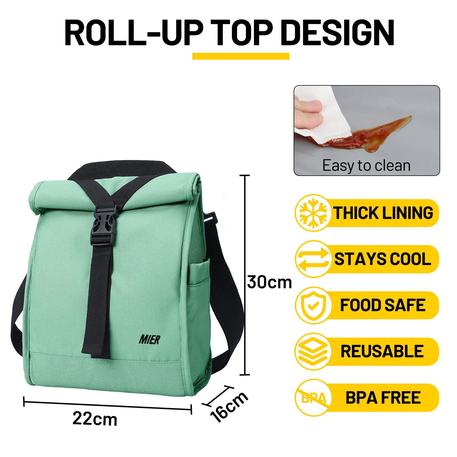 MIER Lunch Bag Rolltop Cool Bag Insulated Cooler Bag Women Men Lunch Tote Bag with Shoulder Strap for Work Travel Picnic 9L,Green - Image 3