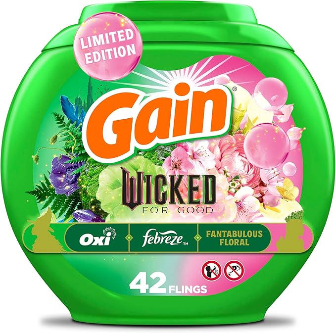 Gain Flings! "Wicked: For Good" Limited Edition Laundry Detergent Pacs, 42 Count, Fantabulous Floral Scent, 3 in 1 HE Detergent Pacs with Oxi Boost and Febreeze