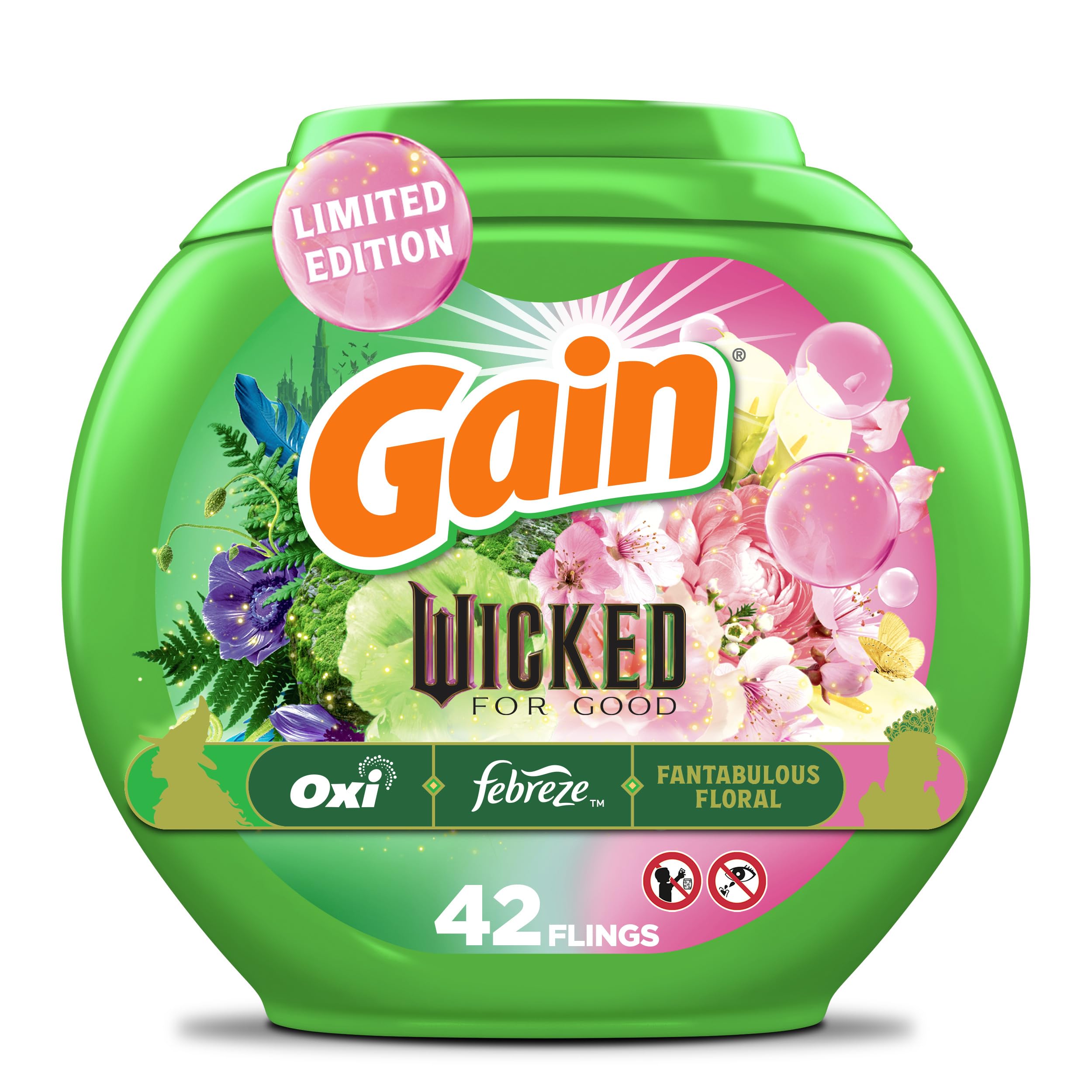 Gain Flings! "Wicked: For Good" Limited Edition Laundry Detergent Pacs, 42 Count, Fantabulous Floral Scent, 3 in 1 HE Detergent Pacs with Oxi Boost and Febreeze