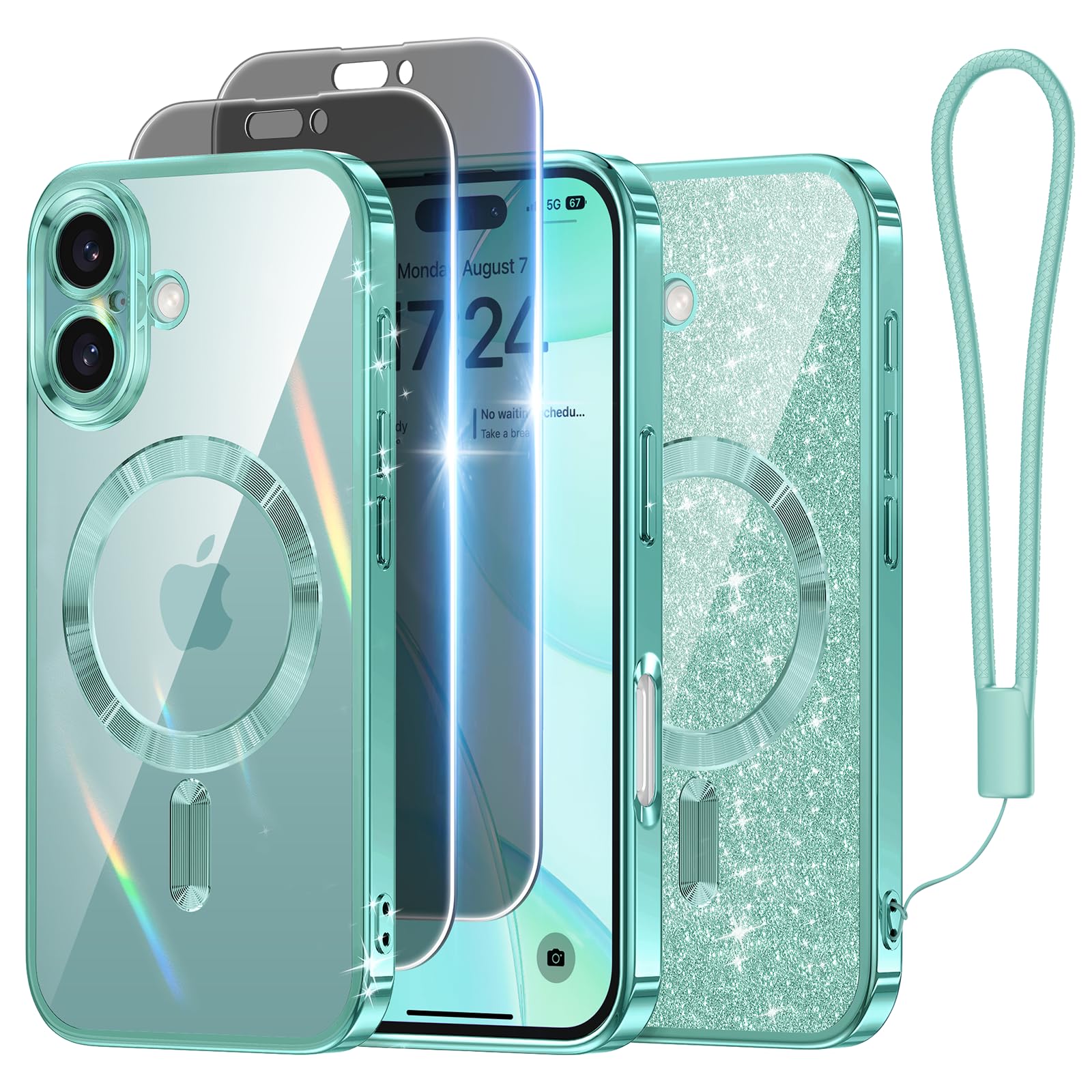 Meifigno Designed for iPhone 16 Plus Case 6.7", [Glitter Card & Wrist Strap] [Compatible with MagSafe] [2X Privacy Screen Protectors] Full Lens